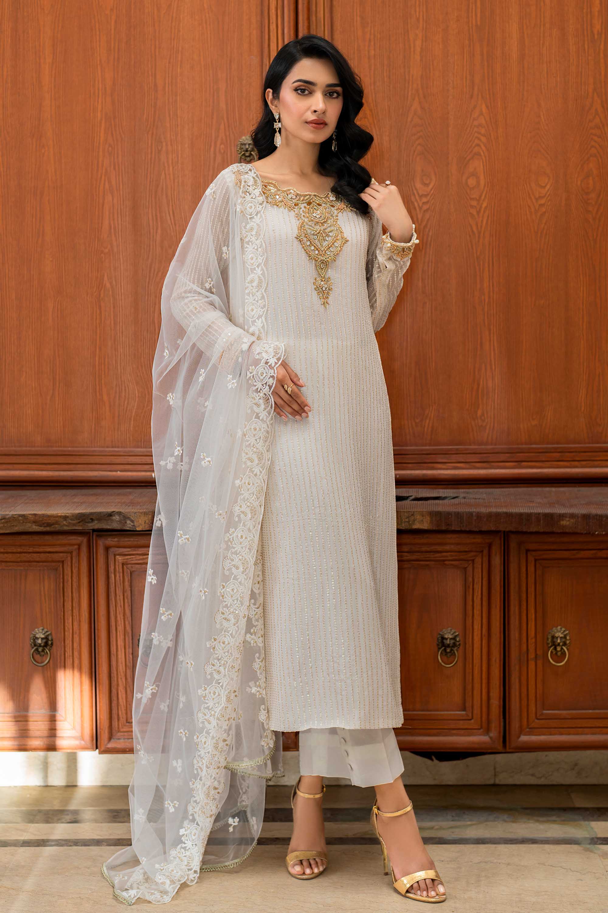 White & Gold Embroidered Chiffon Salwar Kameez (3-Piece) - Image 4