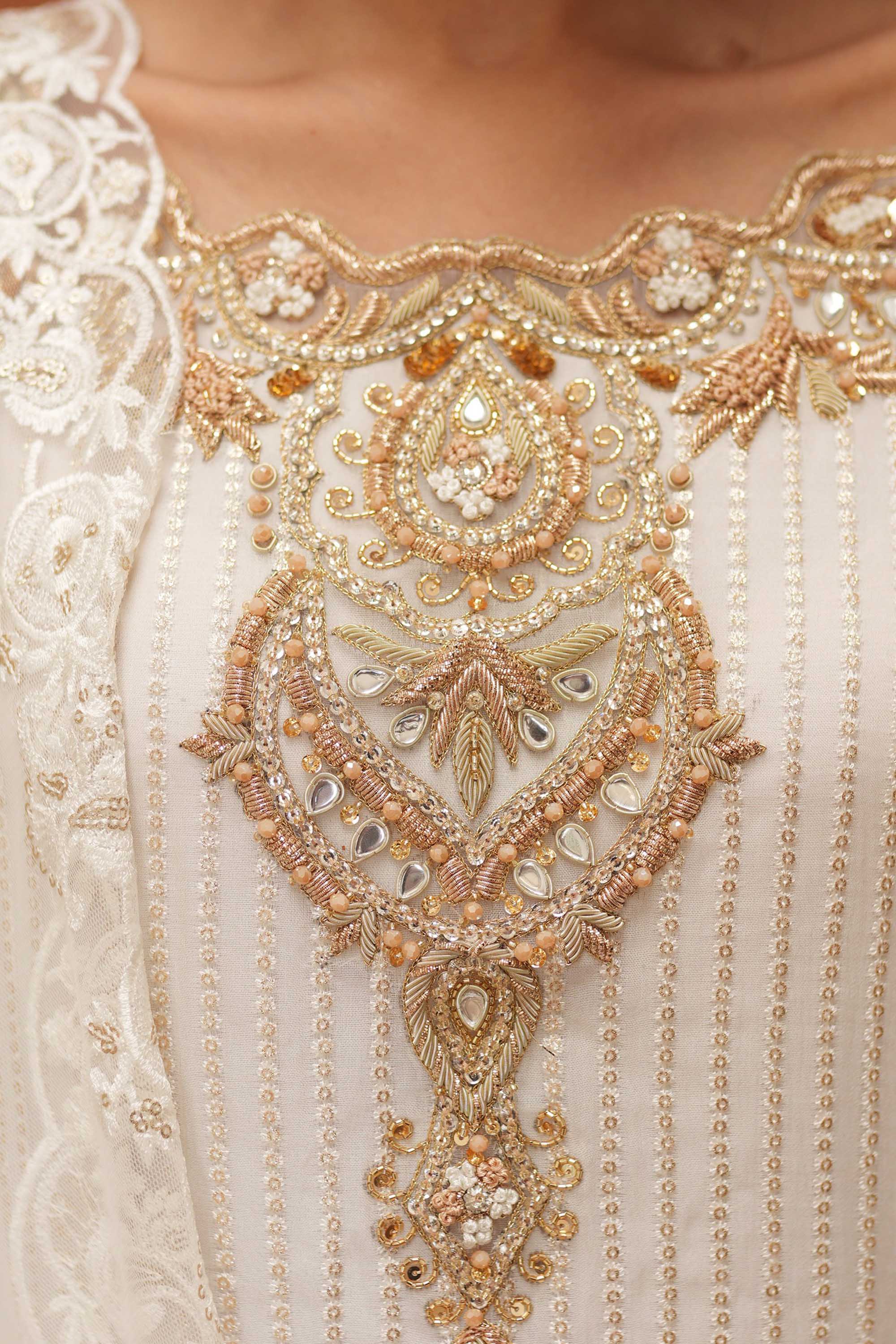 White & Gold Embroidered Chiffon Salwar Kameez (3-Piece) - Image 8