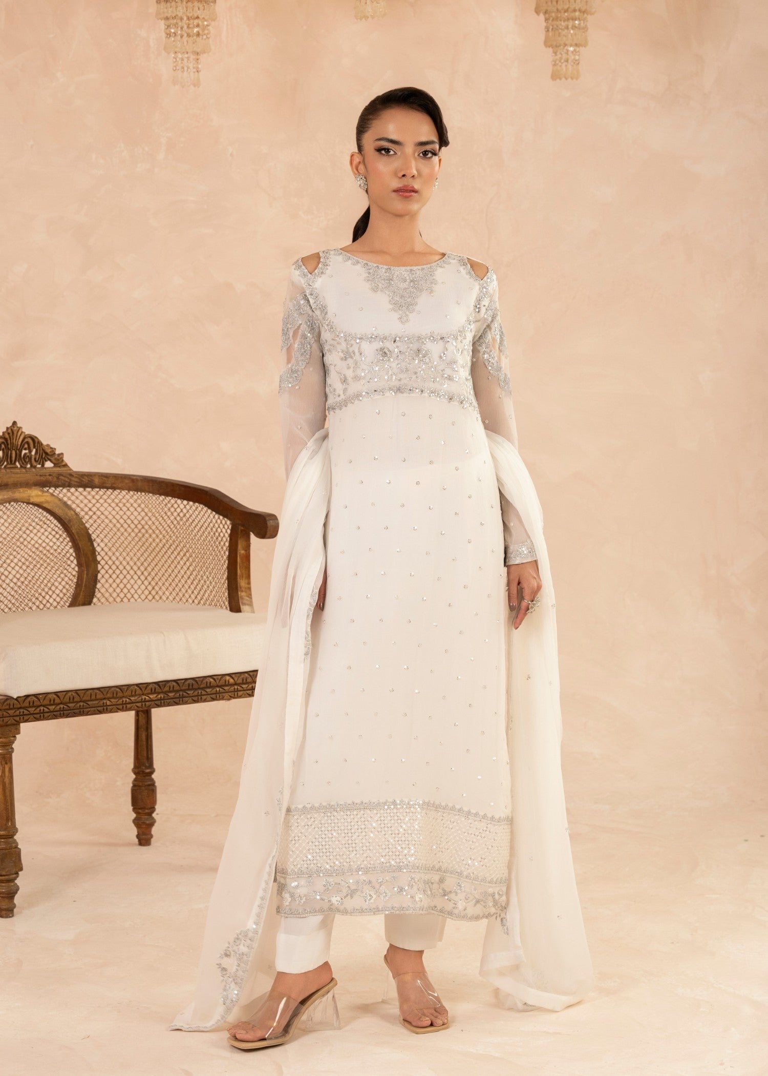 Pakistani White Sequin Embroidered Chiffon Kurta Set (3-Piece) - Image 1