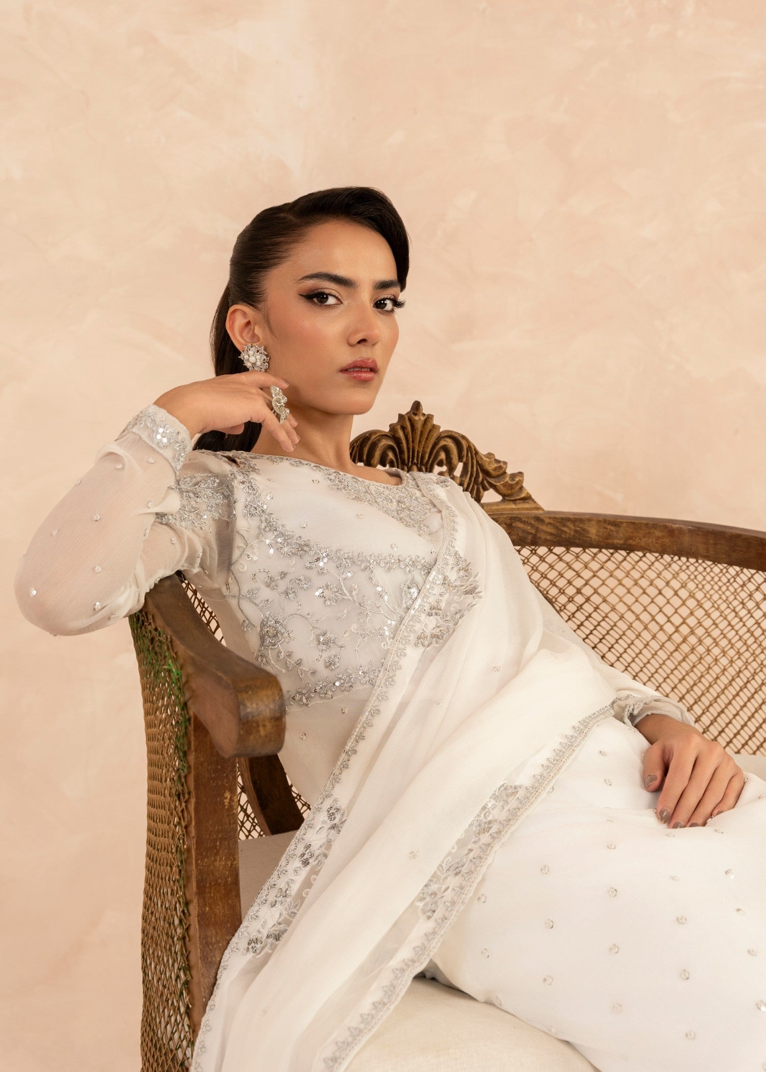 Pakistani White Sequin Embroidered Chiffon Kurta Set (3-Piece) - Image 10