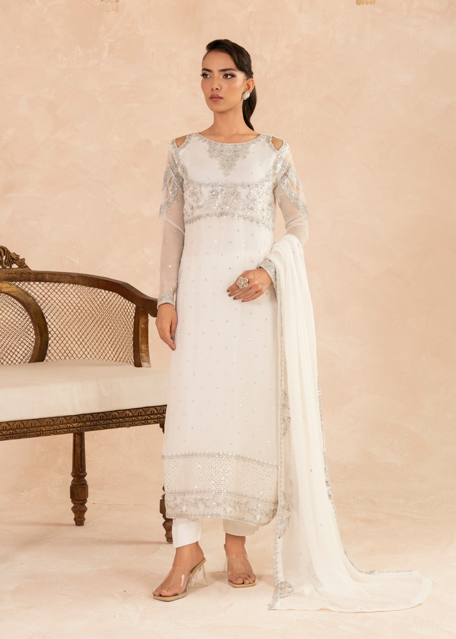 Pakistani White Sequin Embroidered Chiffon Kurta Set (3-Piece) - Image 2