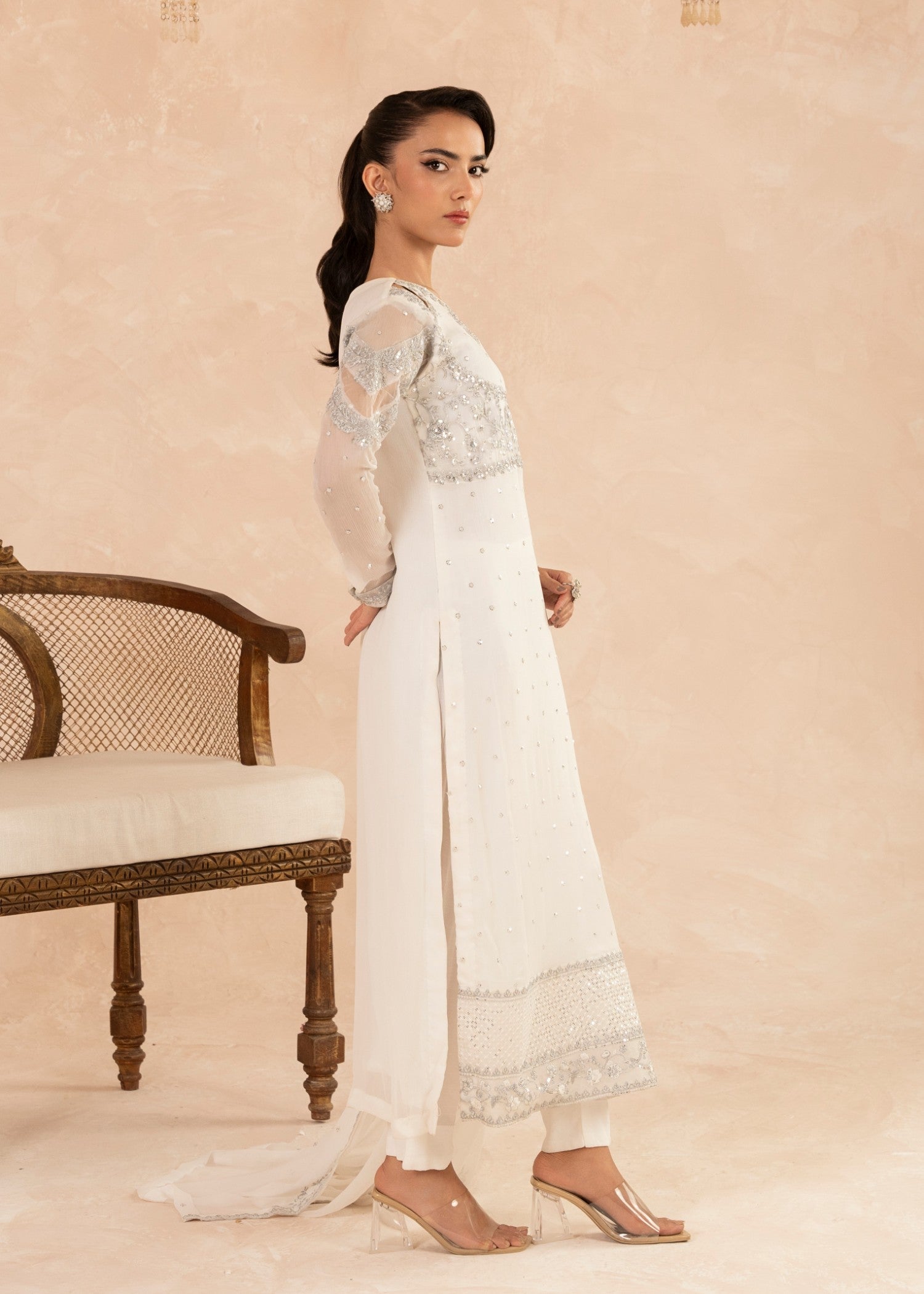 Pakistani White Sequin Embroidered Chiffon Kurta Set (3-Piece) - Image 3