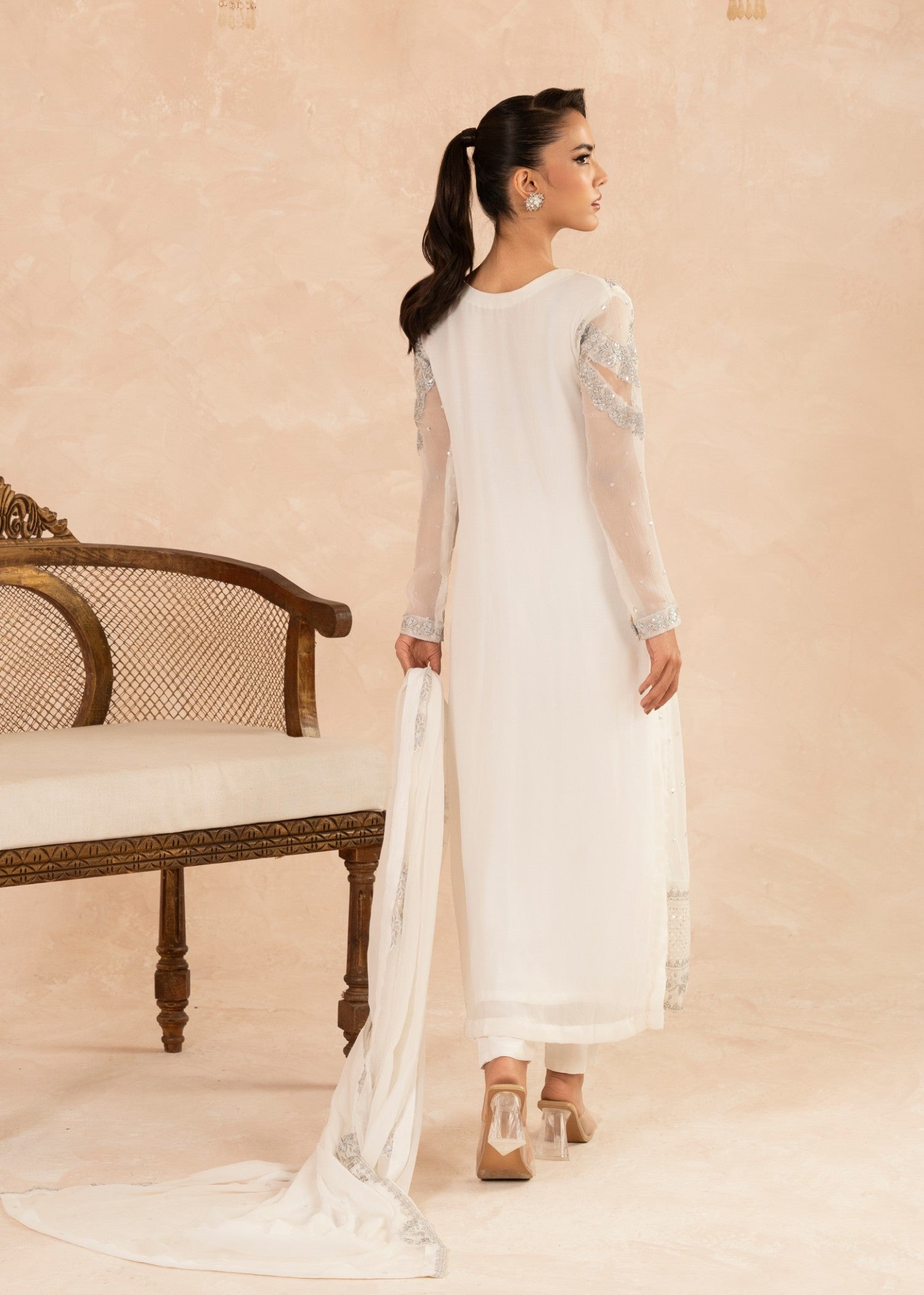 Pakistani White Sequin Embroidered Chiffon Kurta Set (3-Piece) - Image 4