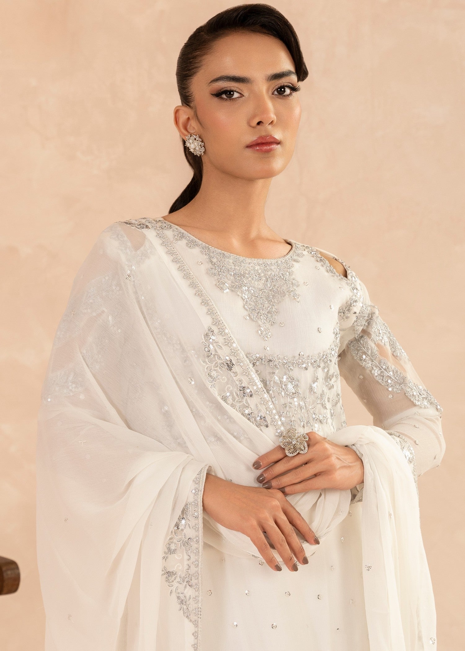 Pakistani White Sequin Embroidered Chiffon Kurta Set (3-Piece) - Image 6