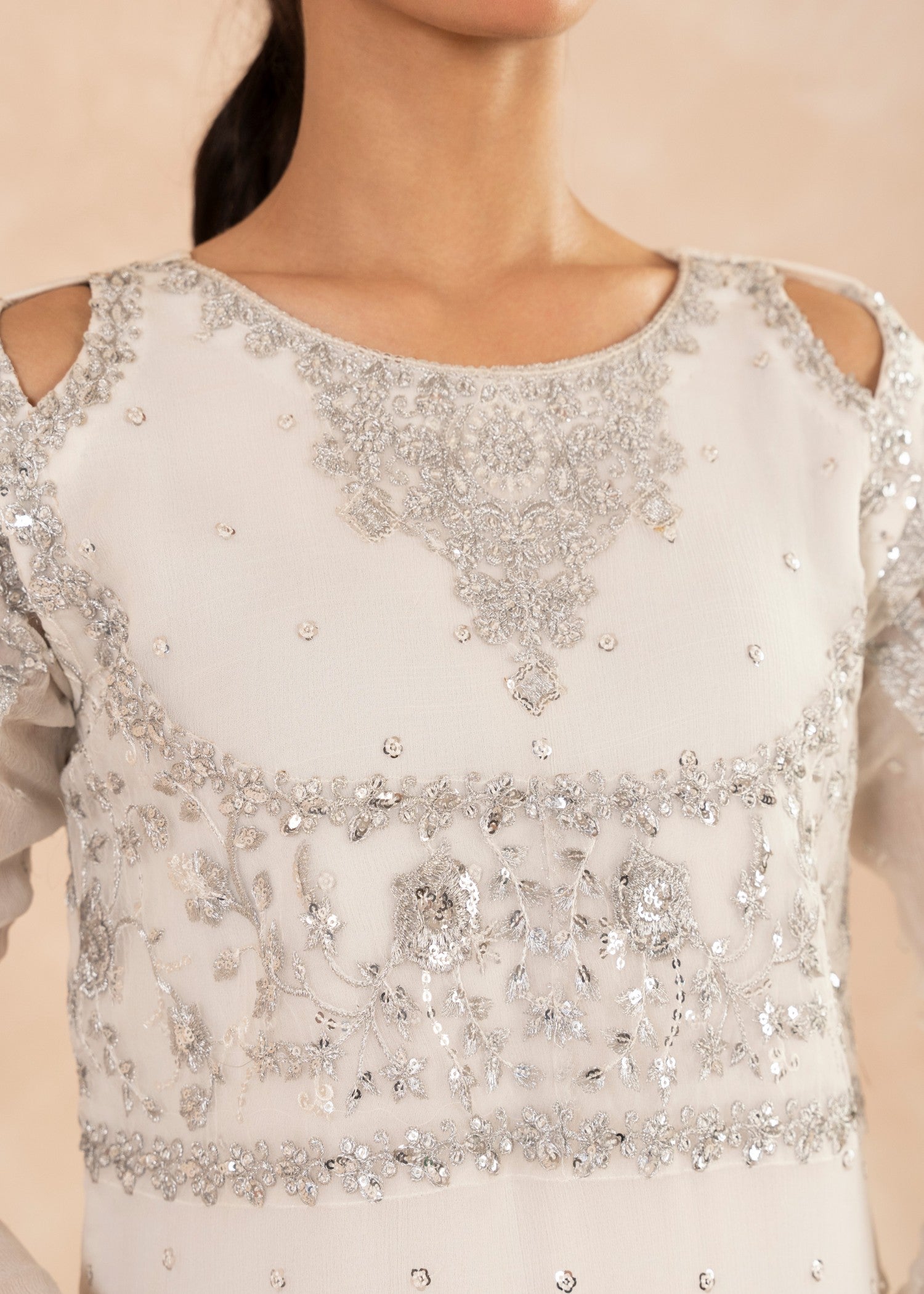 Pakistani White Sequin Embroidered Chiffon Kurta Set (3-Piece) - Image 7