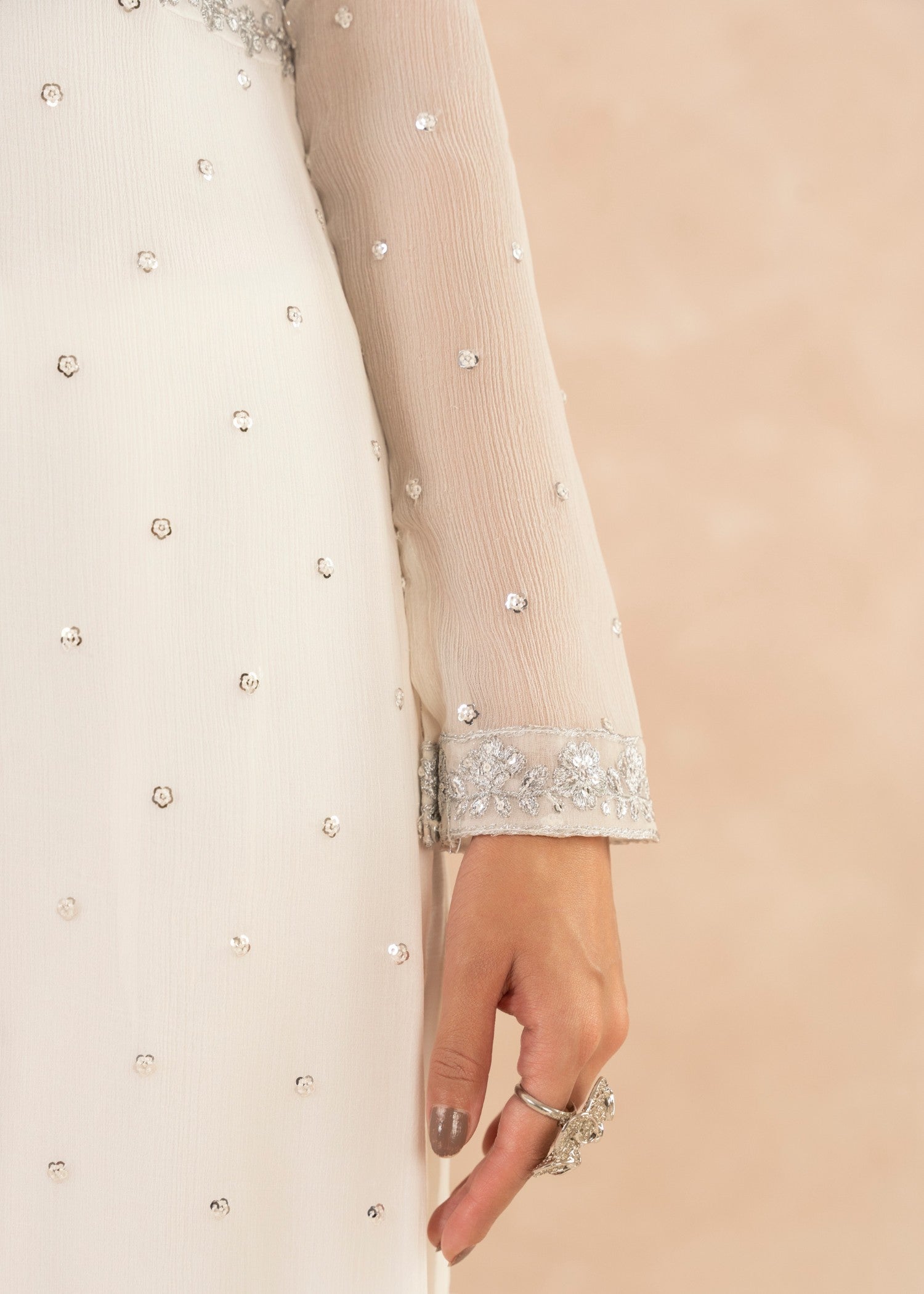 Pakistani White Sequin Embroidered Chiffon Kurta Set (3-Piece) - Image 8