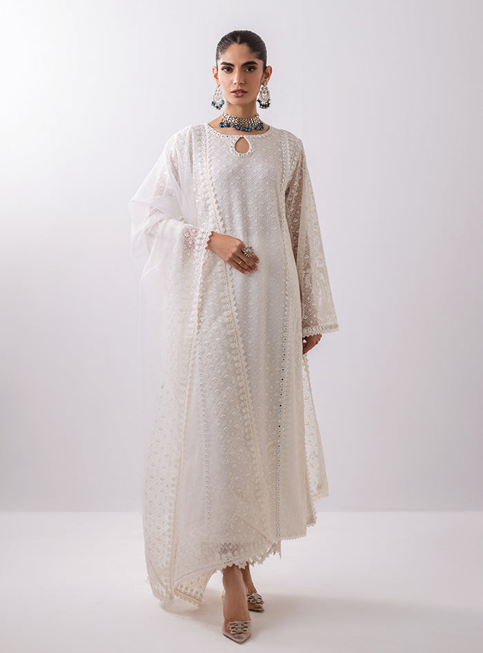 Pakistani White Sheesha Embroidered Chiffon Salwar Kameez (3-Piece) - Image 1
