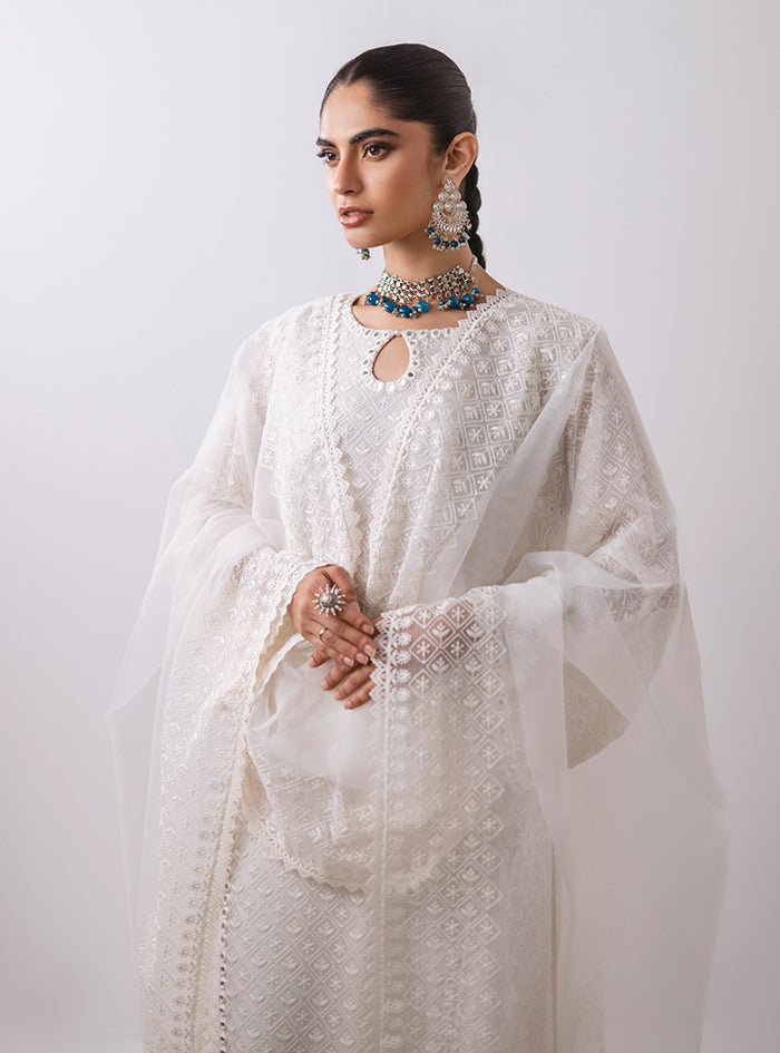 Pakistani White Sheesha Embroidered Chiffon Salwar Kameez (3-Piece) - Image 4