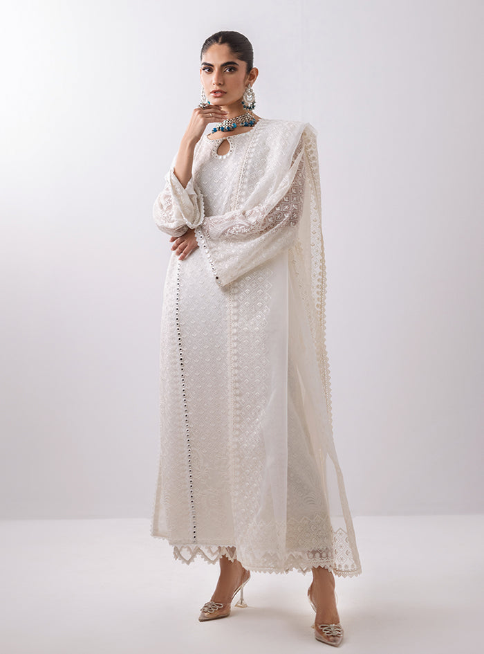 Pakistani White Sheesha Embroidered Chiffon Salwar Kameez (3-Piece) - Image 5