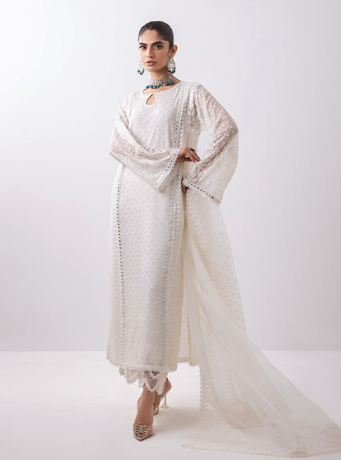 Pakistani White Sheesha Embroidered Chiffon Salwar Kameez (3-Piece) - Image 7