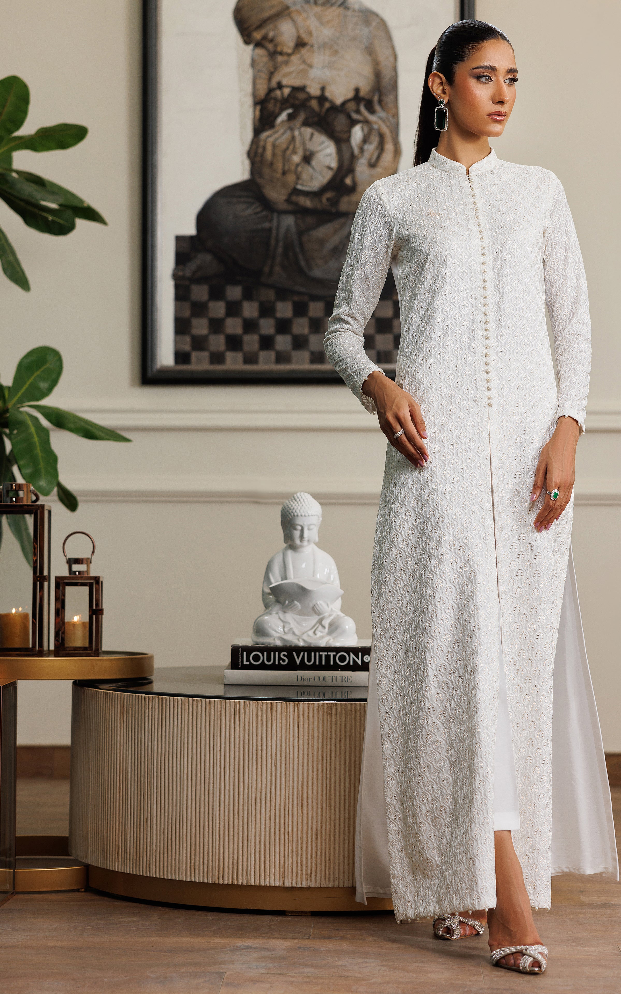 Pakistani White Embroidered Chiffon Front-Open Dress (2-Piece) - Image 1