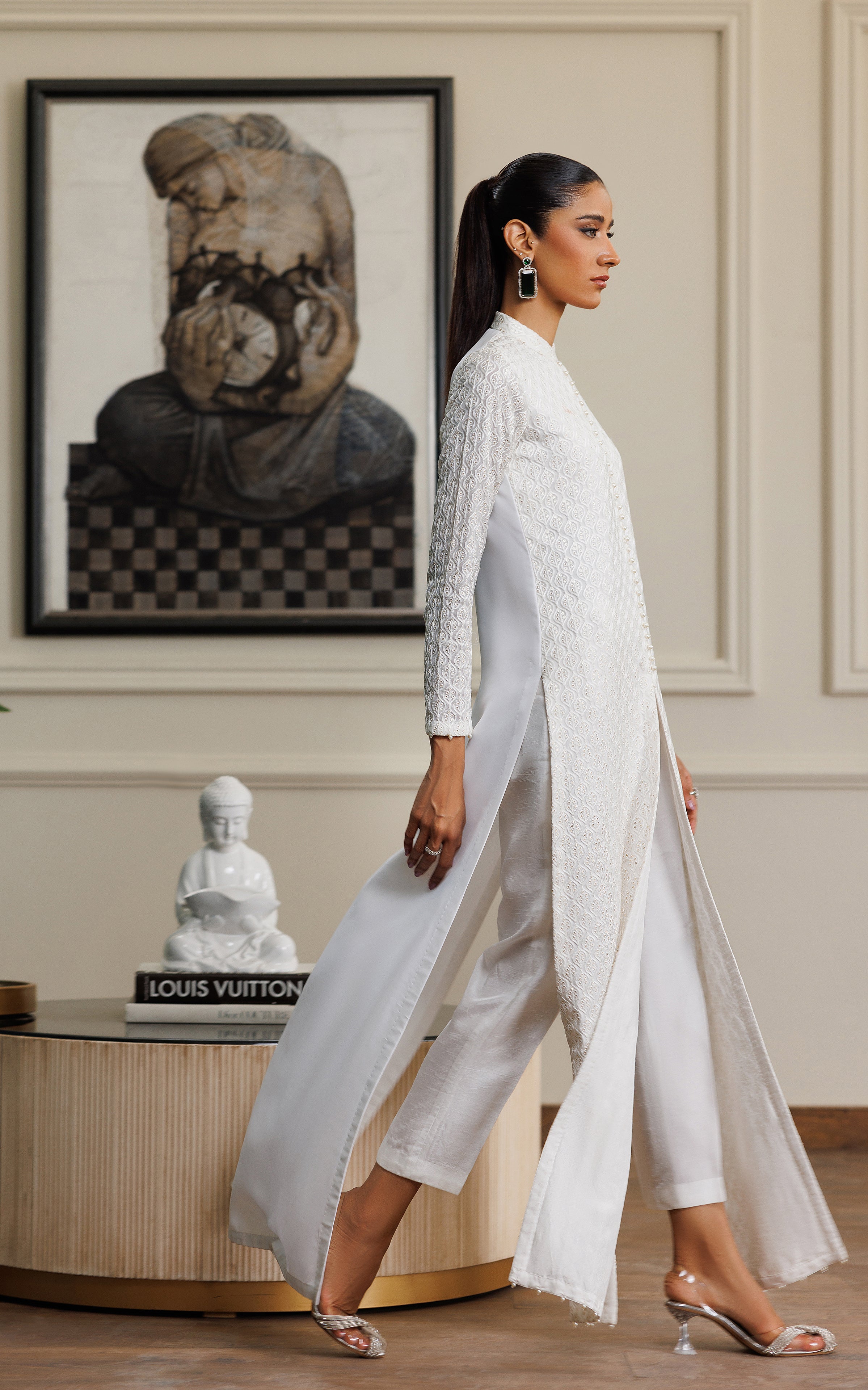 Pakistani White Embroidered Chiffon Front-Open Dress (2-Piece) - Image 2