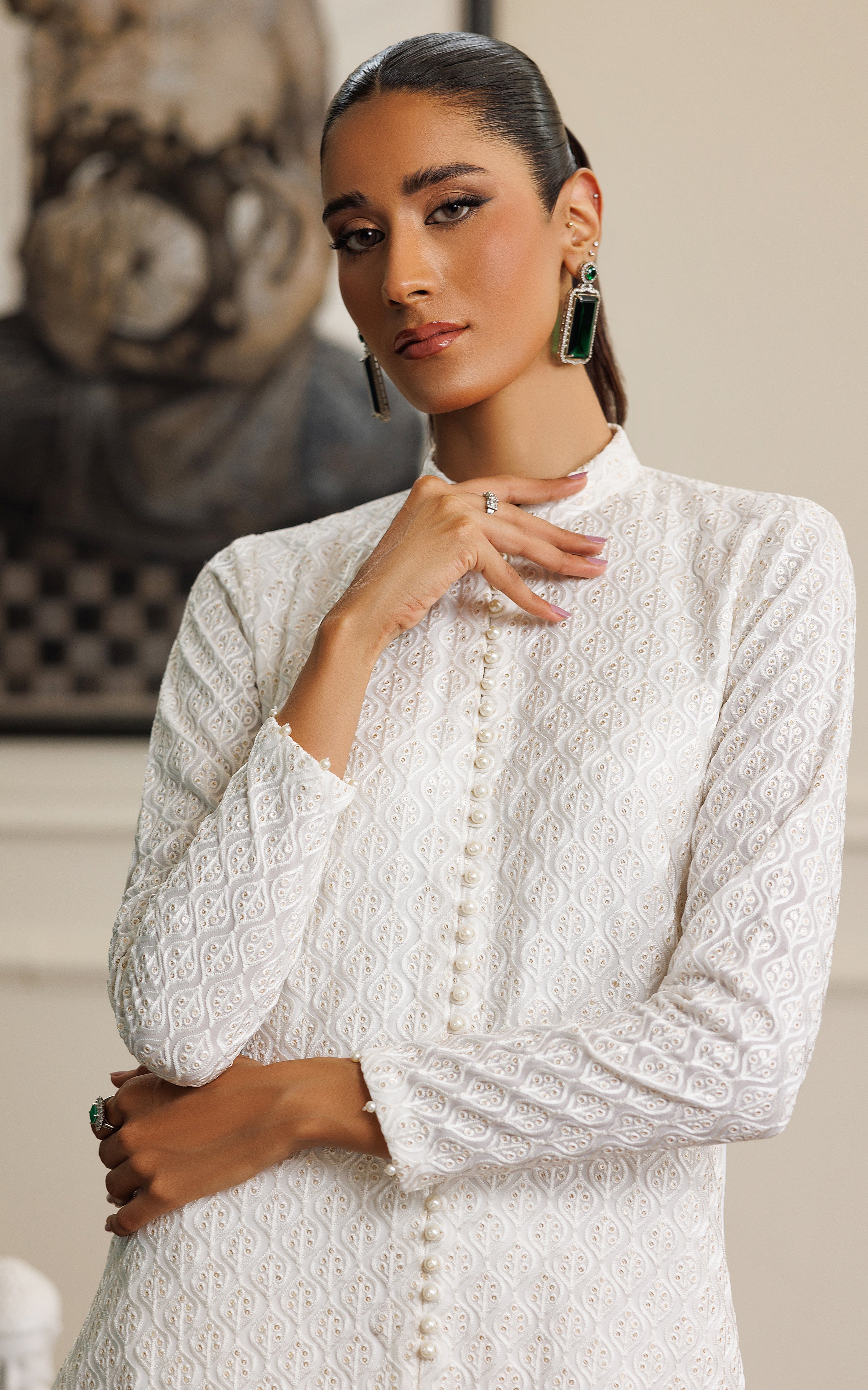 Pakistani White Embroidered Chiffon Front-Open Dress (2-Piece) - Image 3