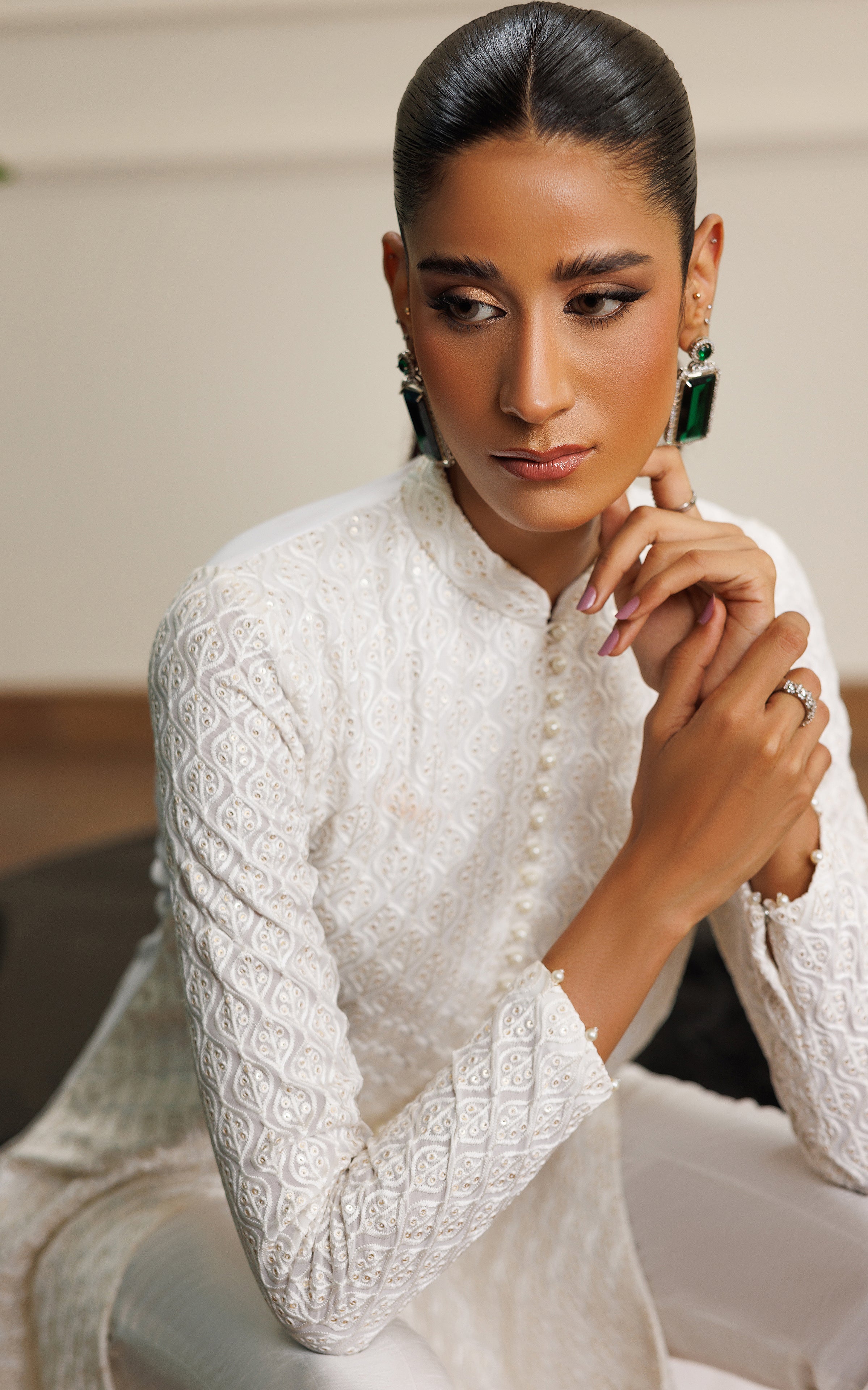 Pakistani White Embroidered Chiffon Front-Open Dress (2-Piece) - Image 4