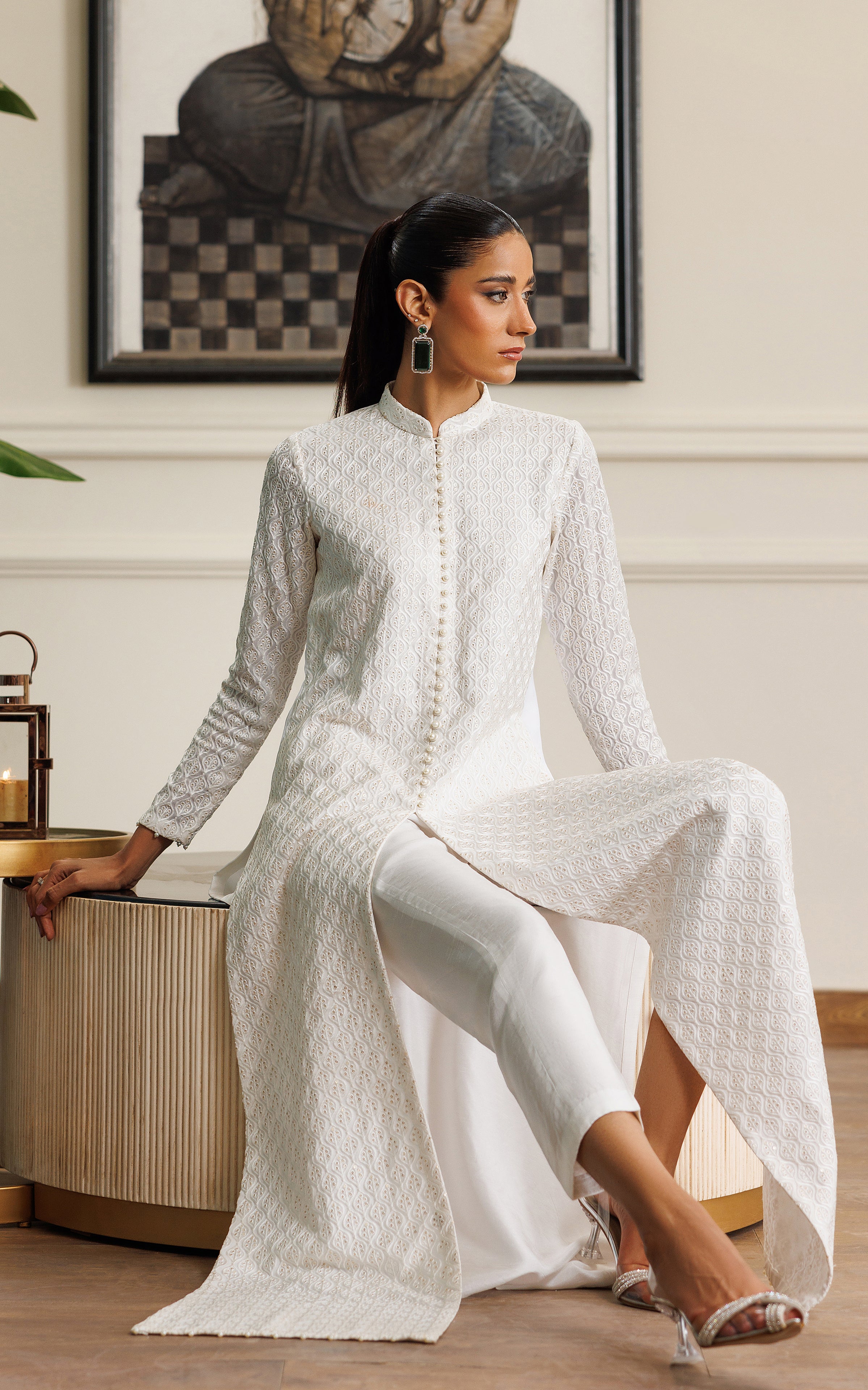 Pakistani White Embroidered Chiffon Front-Open Dress (2-Piece) - Image 5