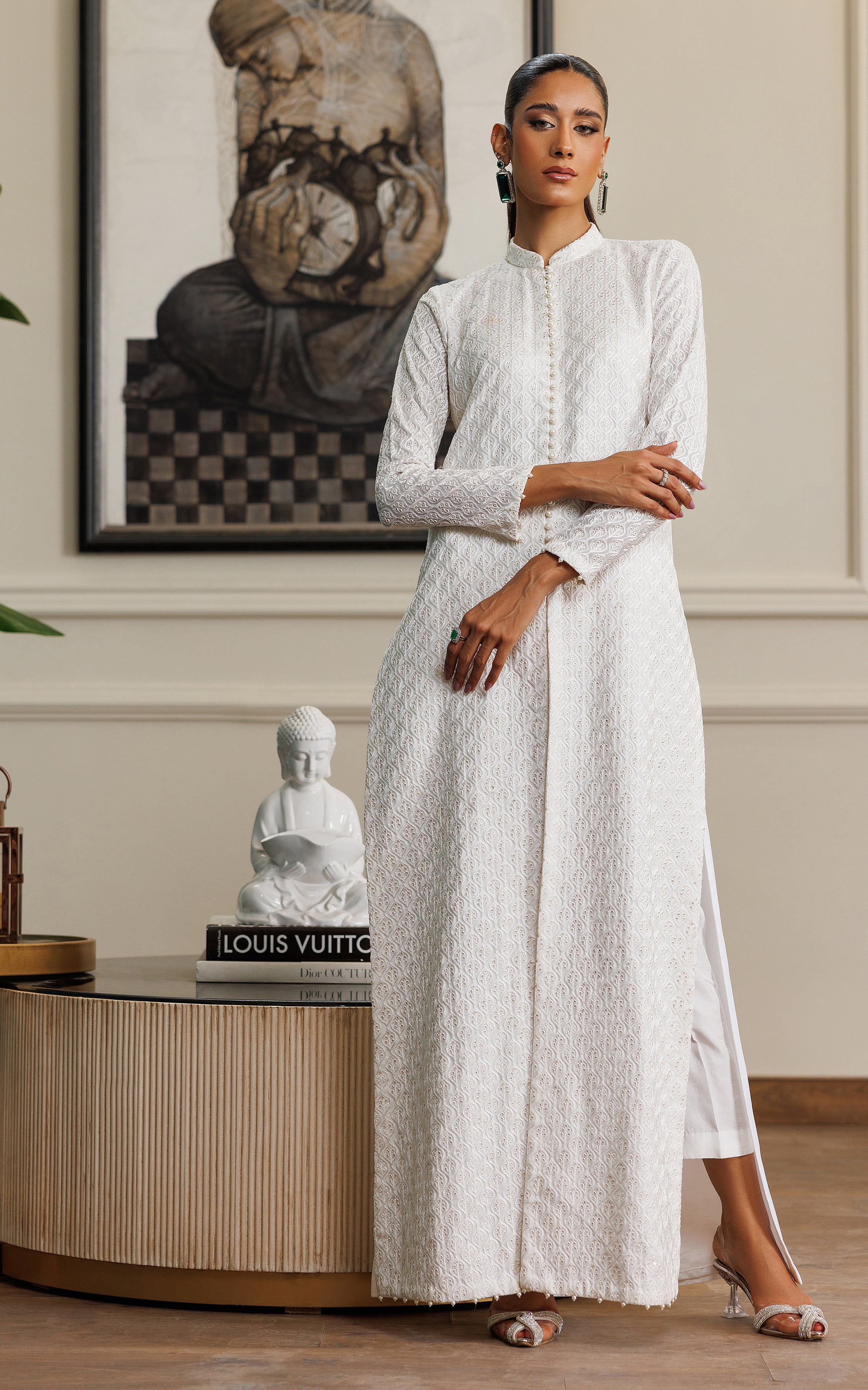 Pakistani White Embroidered Chiffon Front-Open Dress (2-Piece) - Image 6