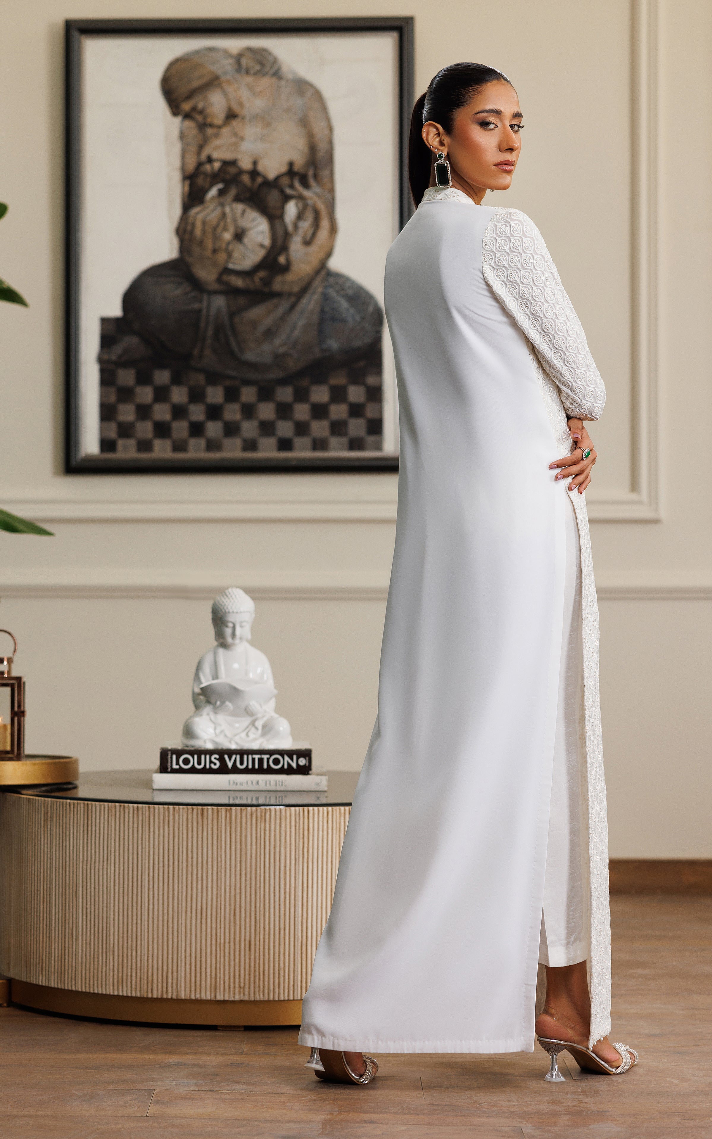 Pakistani White Embroidered Chiffon Front-Open Dress (2-Piece) - Image 7