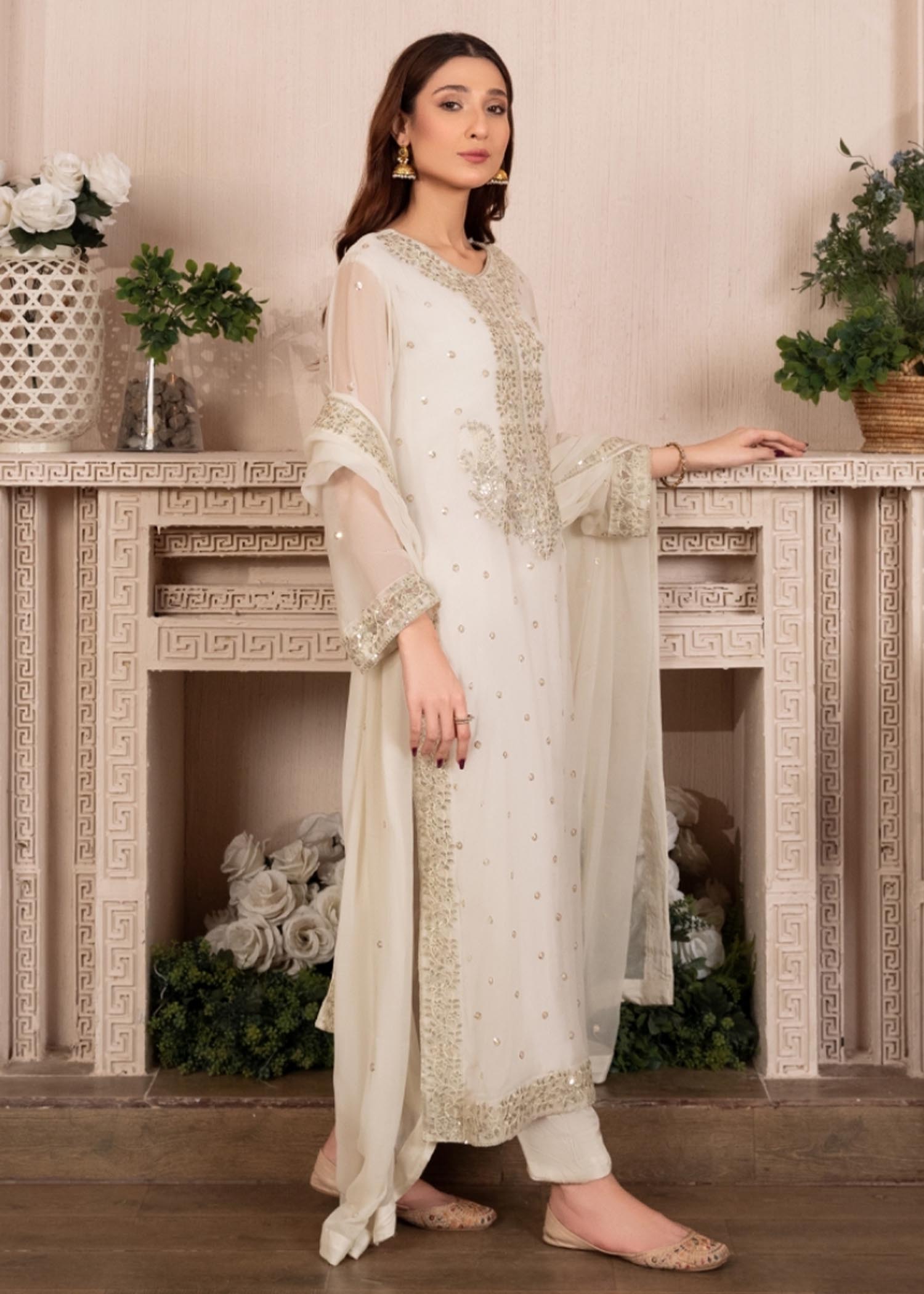 White Embroidered Chiffon Kurta Set (3-Piece) - Image 2