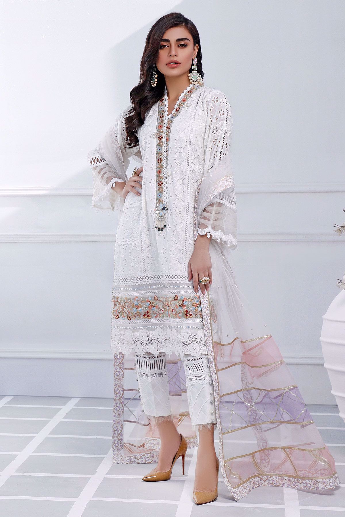 White Chikan Embroidered 3-Piece Salwar Kameez - Image 1