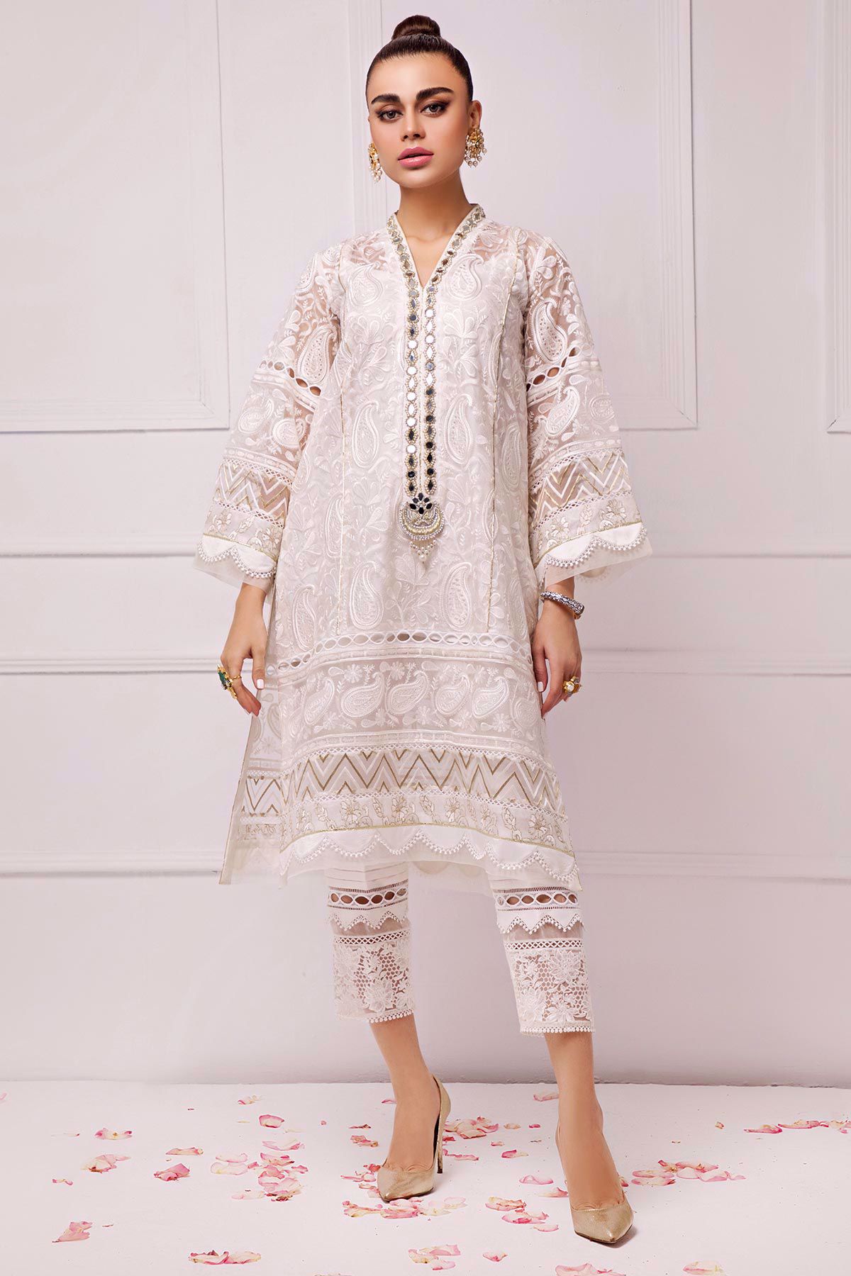 White Chikankari Embroidered Raw Silk Salwar Kameez (3-Piece) - Image 7