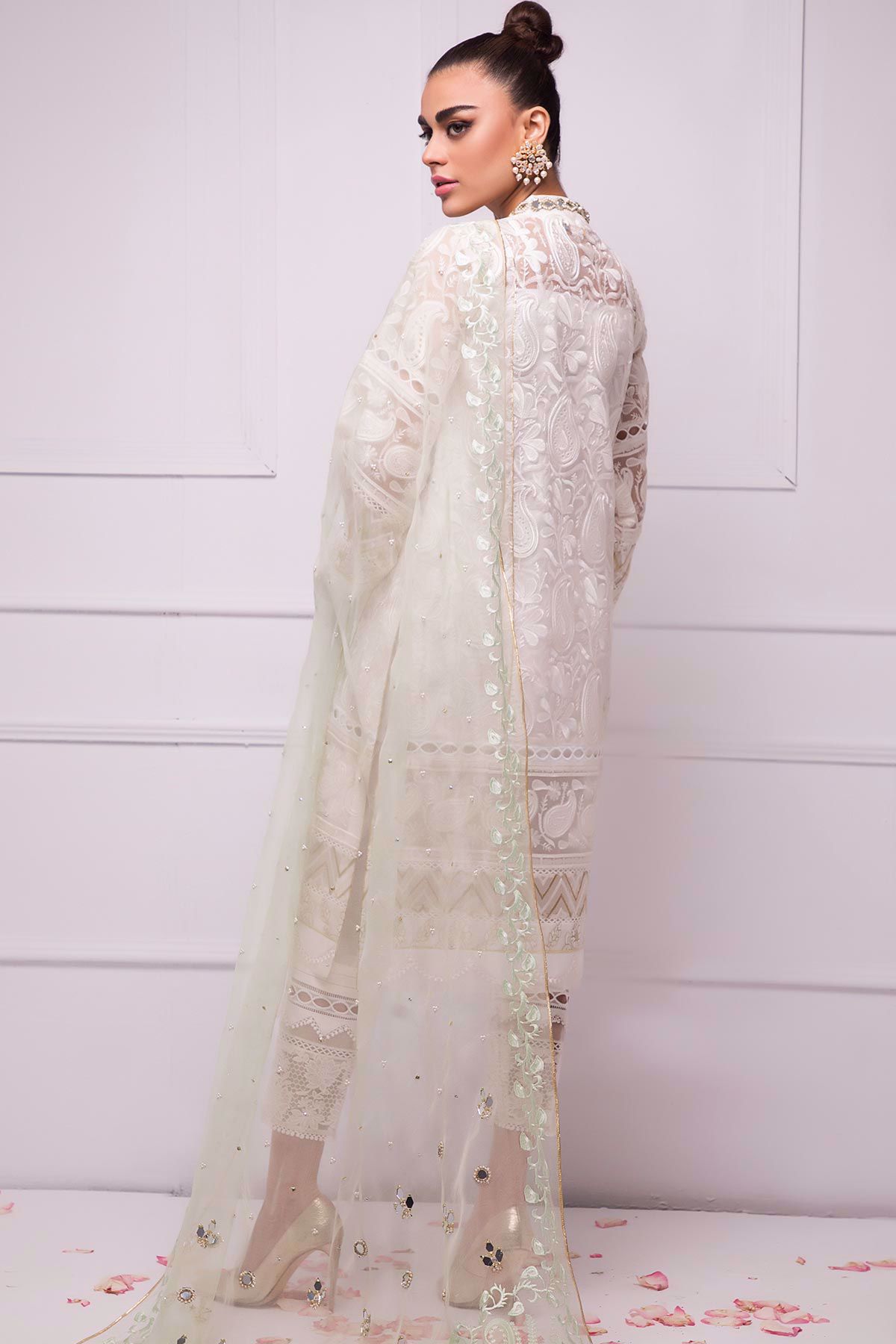 White Chikankari Embroidered Raw Silk Salwar Kameez (3-Piece) - Image 8