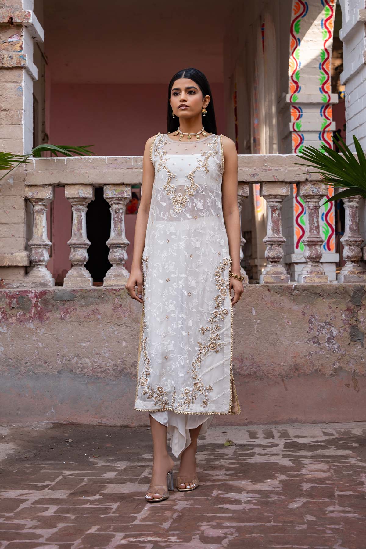 White Embroidered Cotton Khaadi Net Salwar Kameez (2-Piece) - Image 1