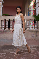 White Embroidered Cotton Khaadi Net Salwar Kameez (2-Piece) - Image 3