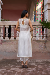 White Embroidered Cotton Khaadi Net Salwar Kameez (2-Piece) - Image 4