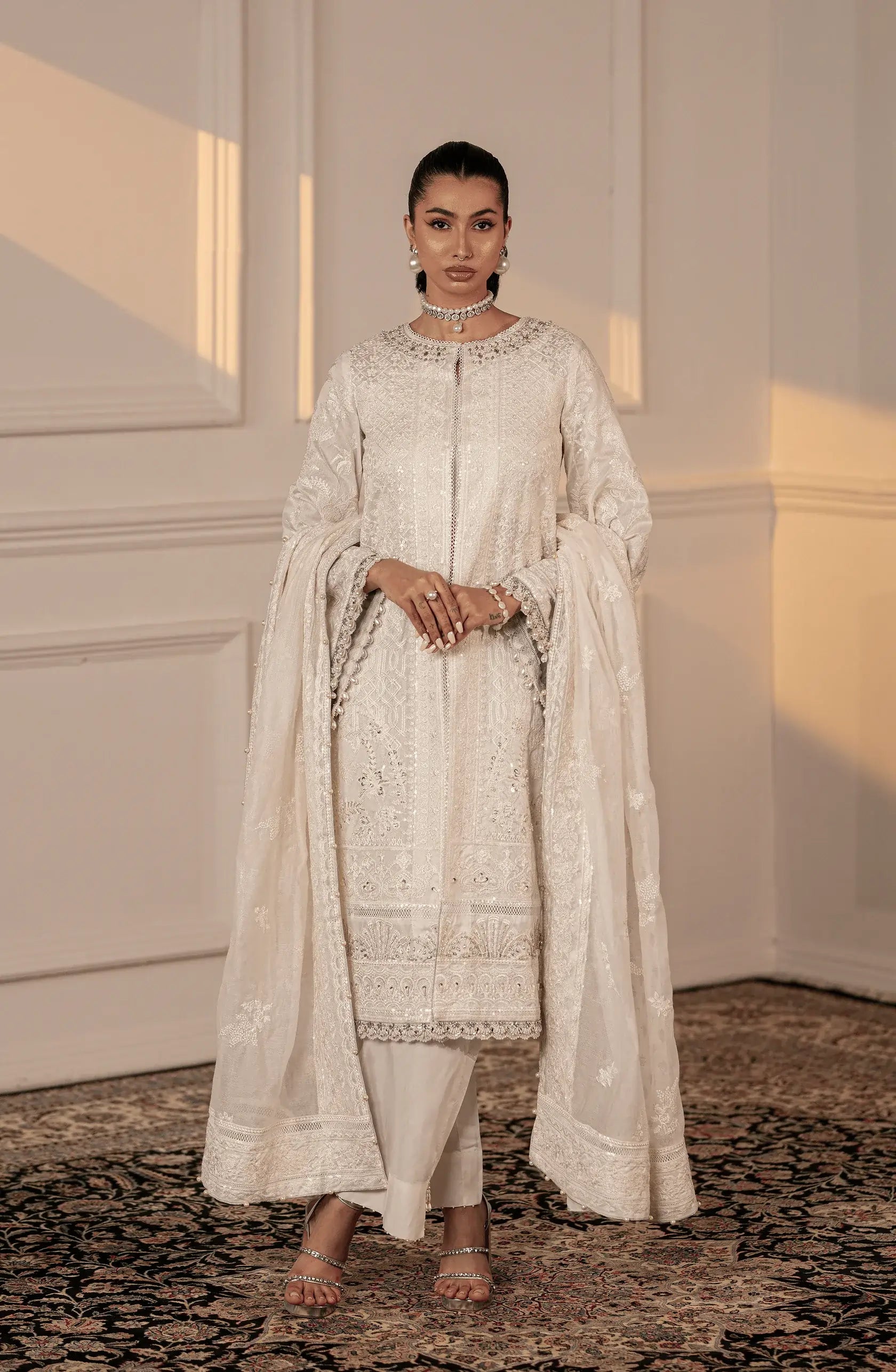 White Silver Adda Work Cotton Net Jacket Suit (3-Piece) - Image 1