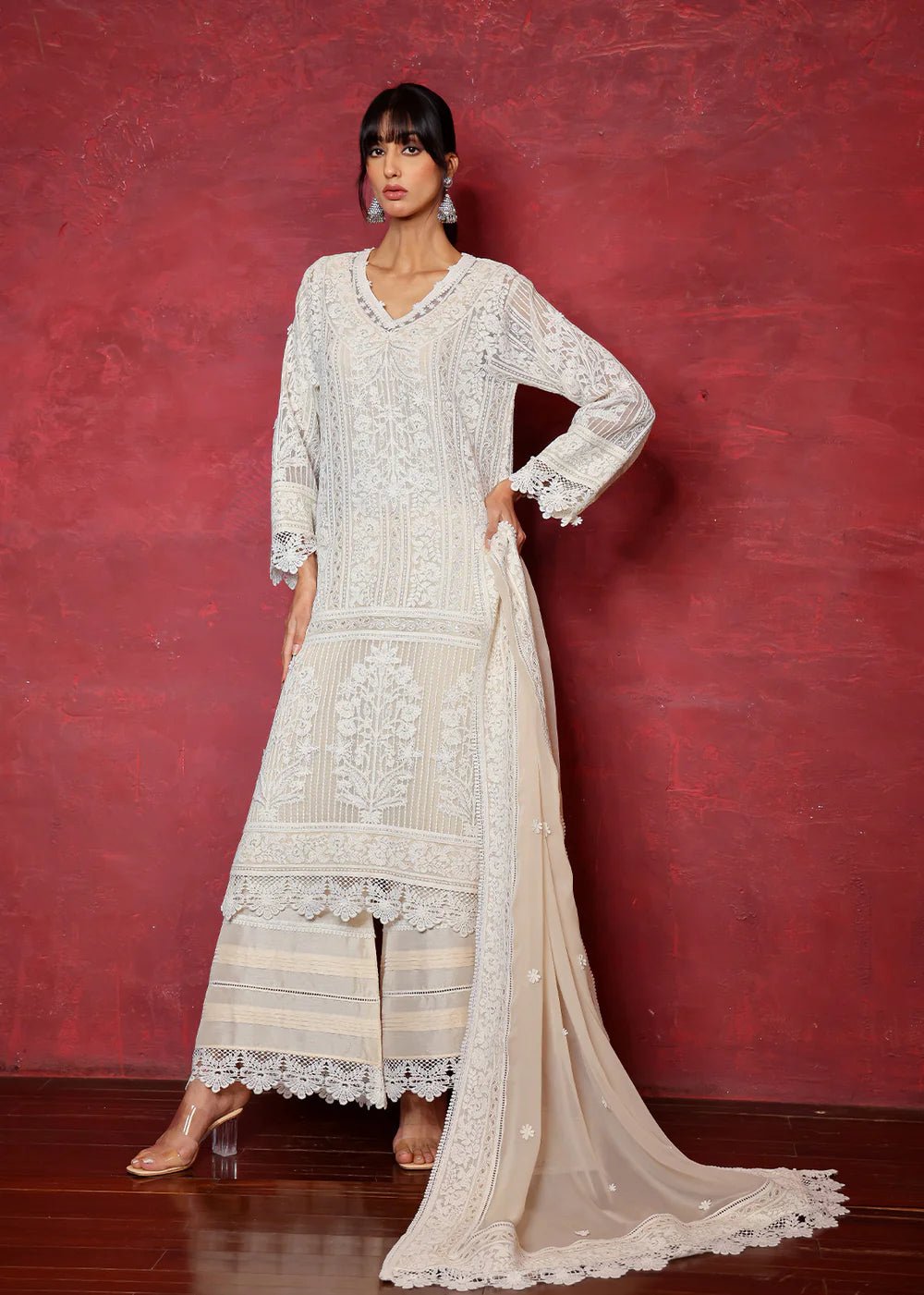 White Chikan Embroidered Cotton Net Kurta (2-Piece) - Image 1