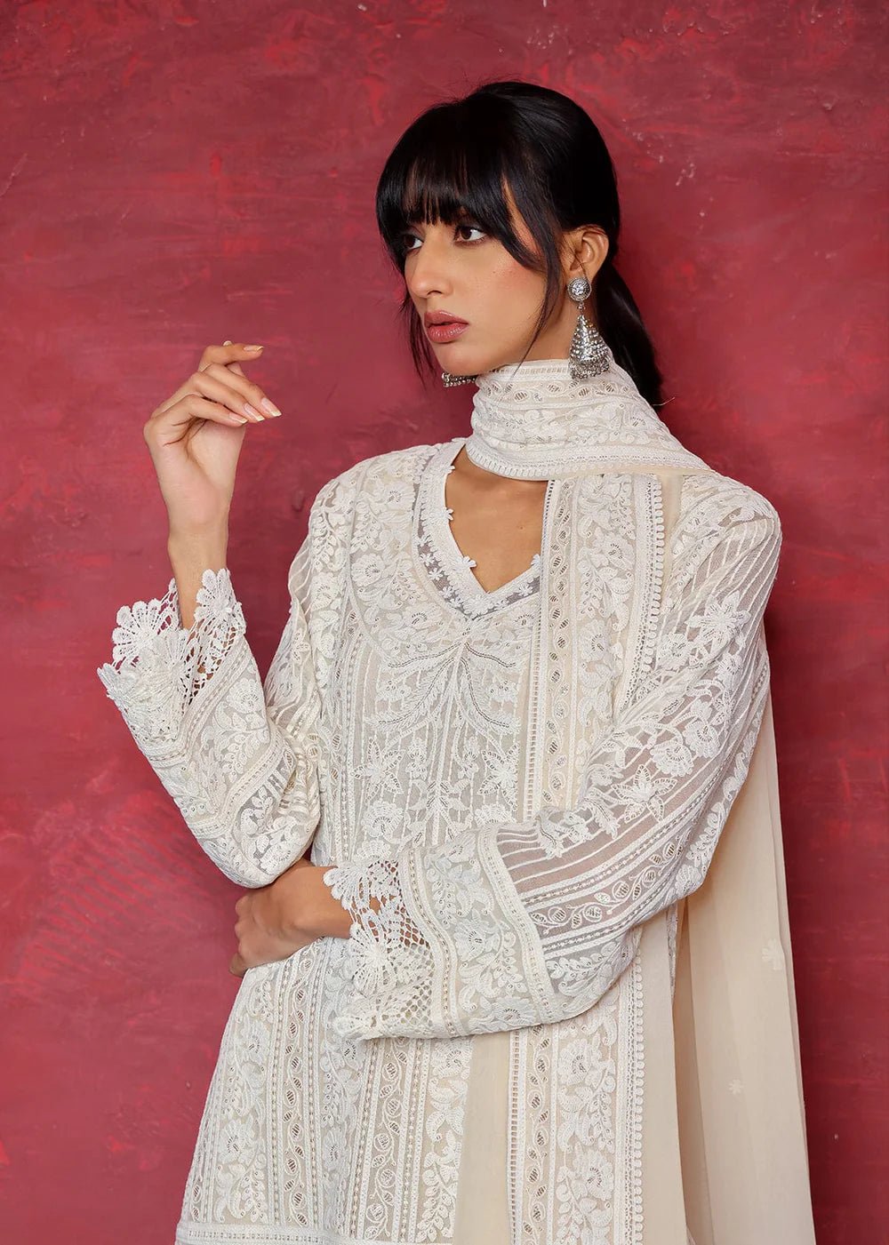 White Chikan Embroidered Cotton Net Kurta (2-Piece) - Image 2