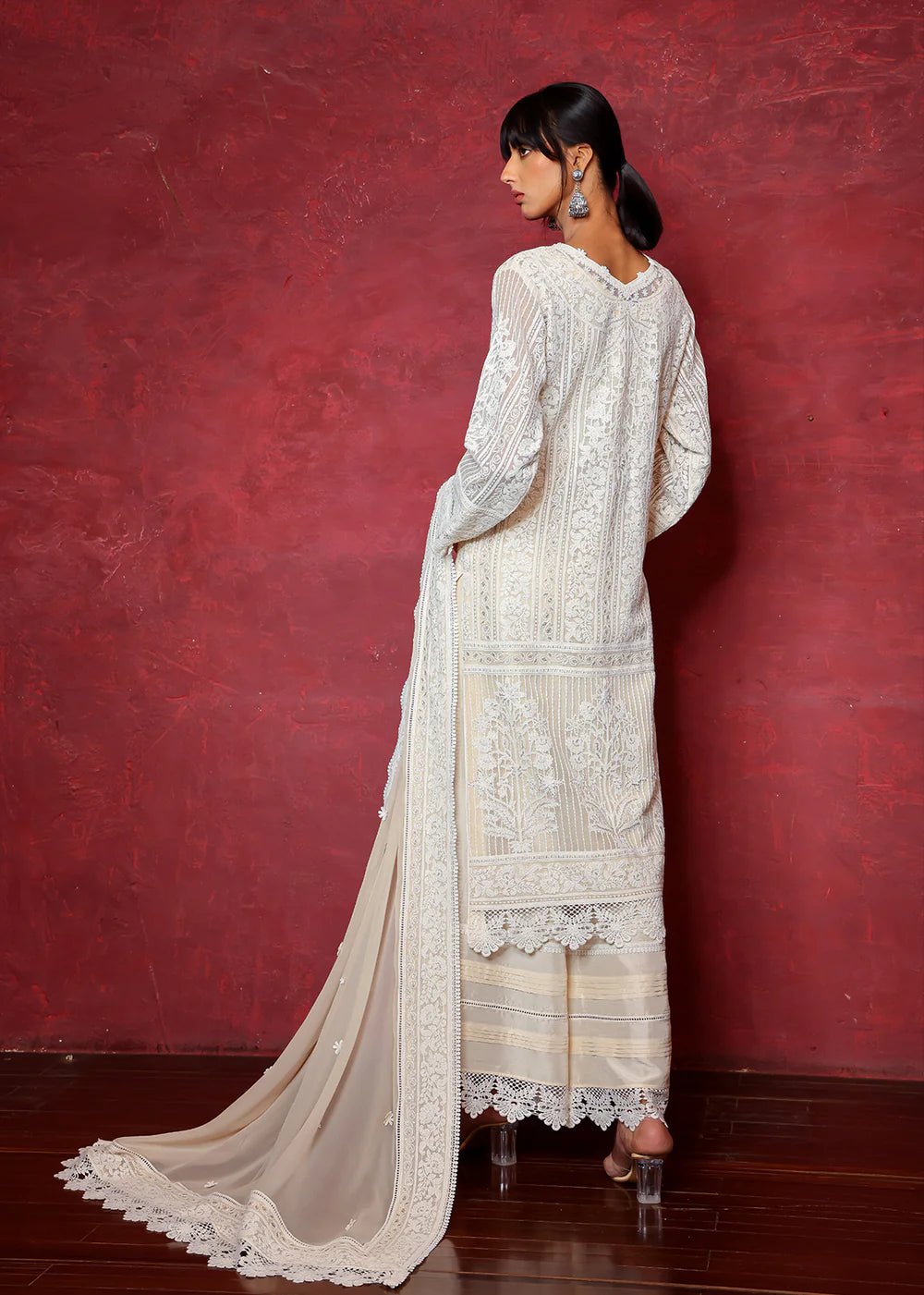 White Chikan Embroidered Cotton Net Kurta (2-Piece) - Image 3