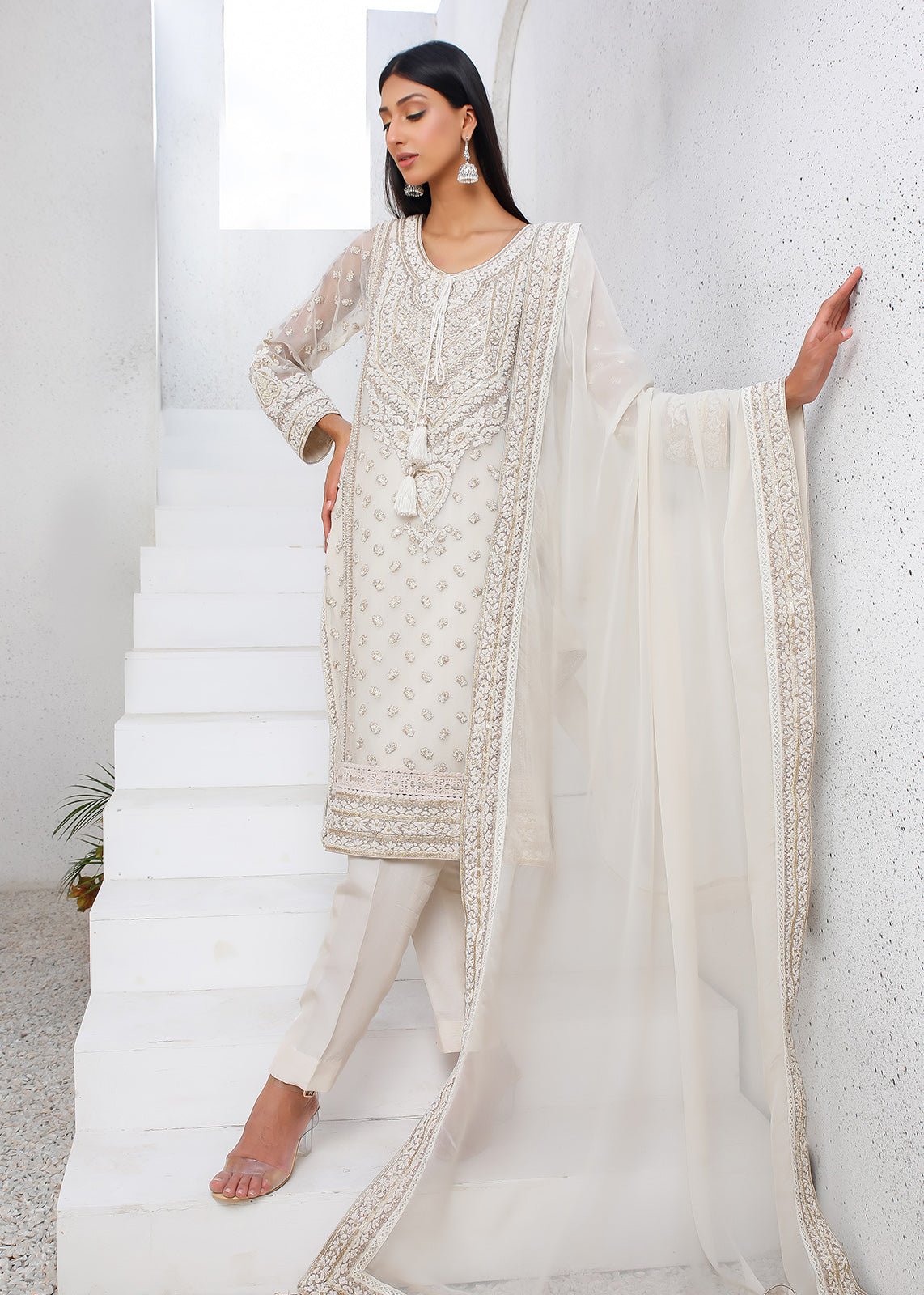 Pakistani White Dori Embroidered Cotton Net Kurta (2-Piece) - Image 1