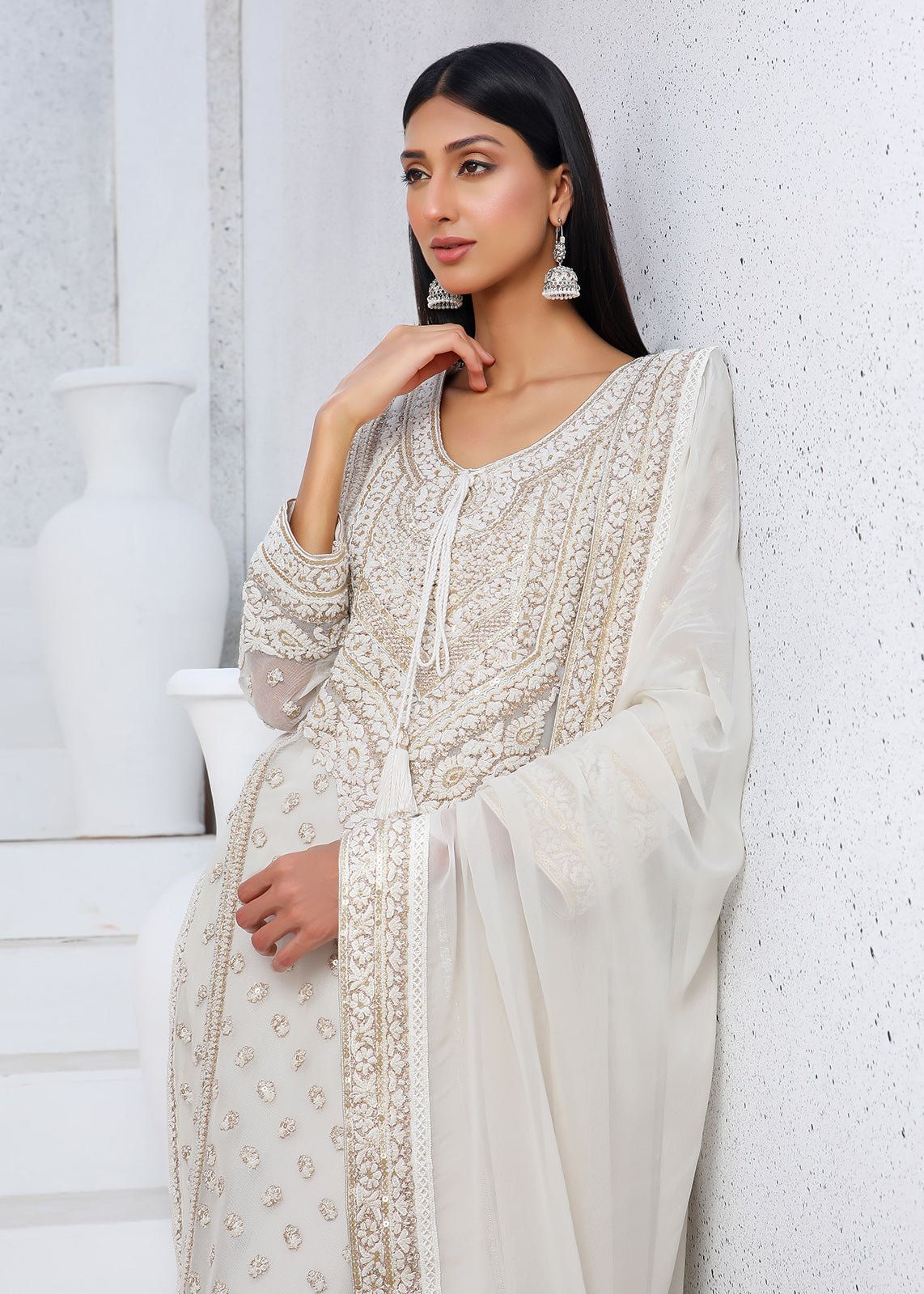 Pakistani White Dori Embroidered Cotton Net Kurta (2-Piece) - Image 2