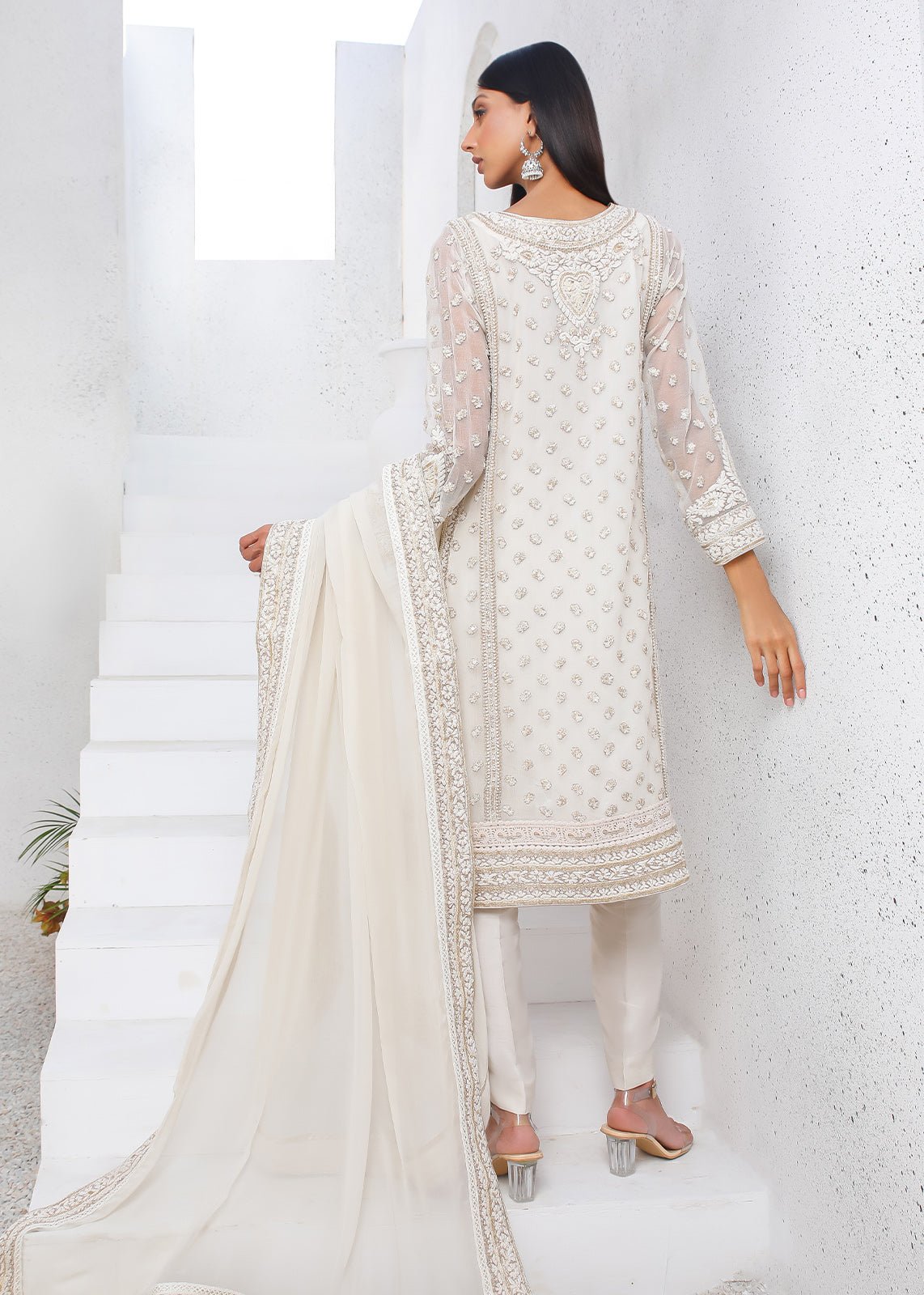 Pakistani White Dori Embroidered Cotton Net Kurta (2-Piece) - Image 3