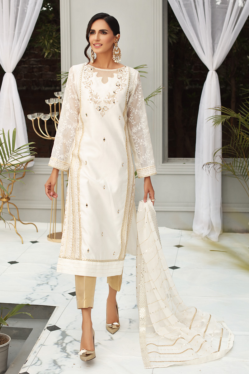 Pakistani White Sheesha Embroidered Cotton Net & Georgette Salwar Kameez (3-Piece) - Image 1