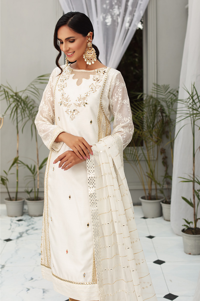 Pakistani White Sheesha Embroidered Cotton Net & Georgette Salwar Kameez (3-Piece) - Image 7