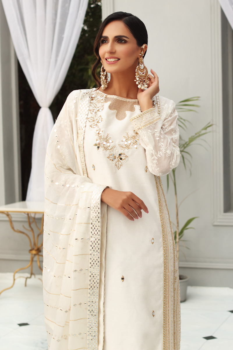 Pakistani White Sheesha Embroidered Cotton Net & Georgette Salwar Kameez (3-Piece) - Image 8