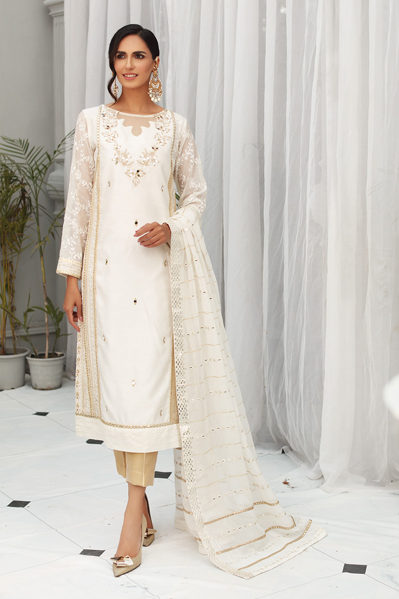 Pakistani White Sheesha Embroidered Cotton Net & Georgette Salwar Kameez (3-Piece) - Image 9