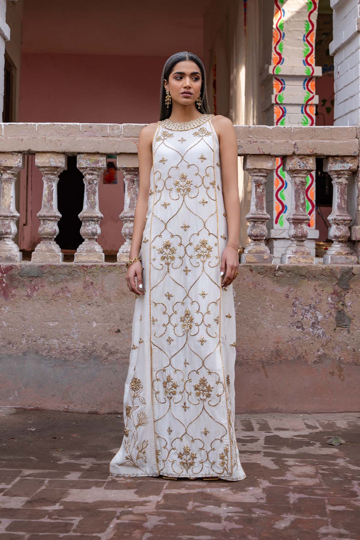 Pakistani White Gota Cotton Net & Silk Salwar Kameez (2-Piece) - Image 1