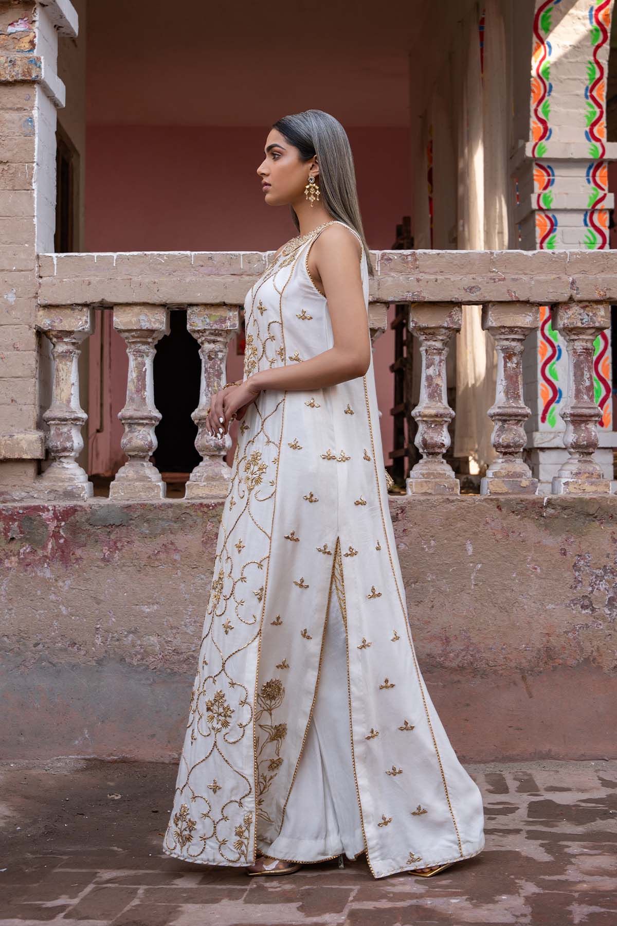 Pakistani White Gota Cotton Net & Silk Salwar Kameez (2-Piece) - Image 2