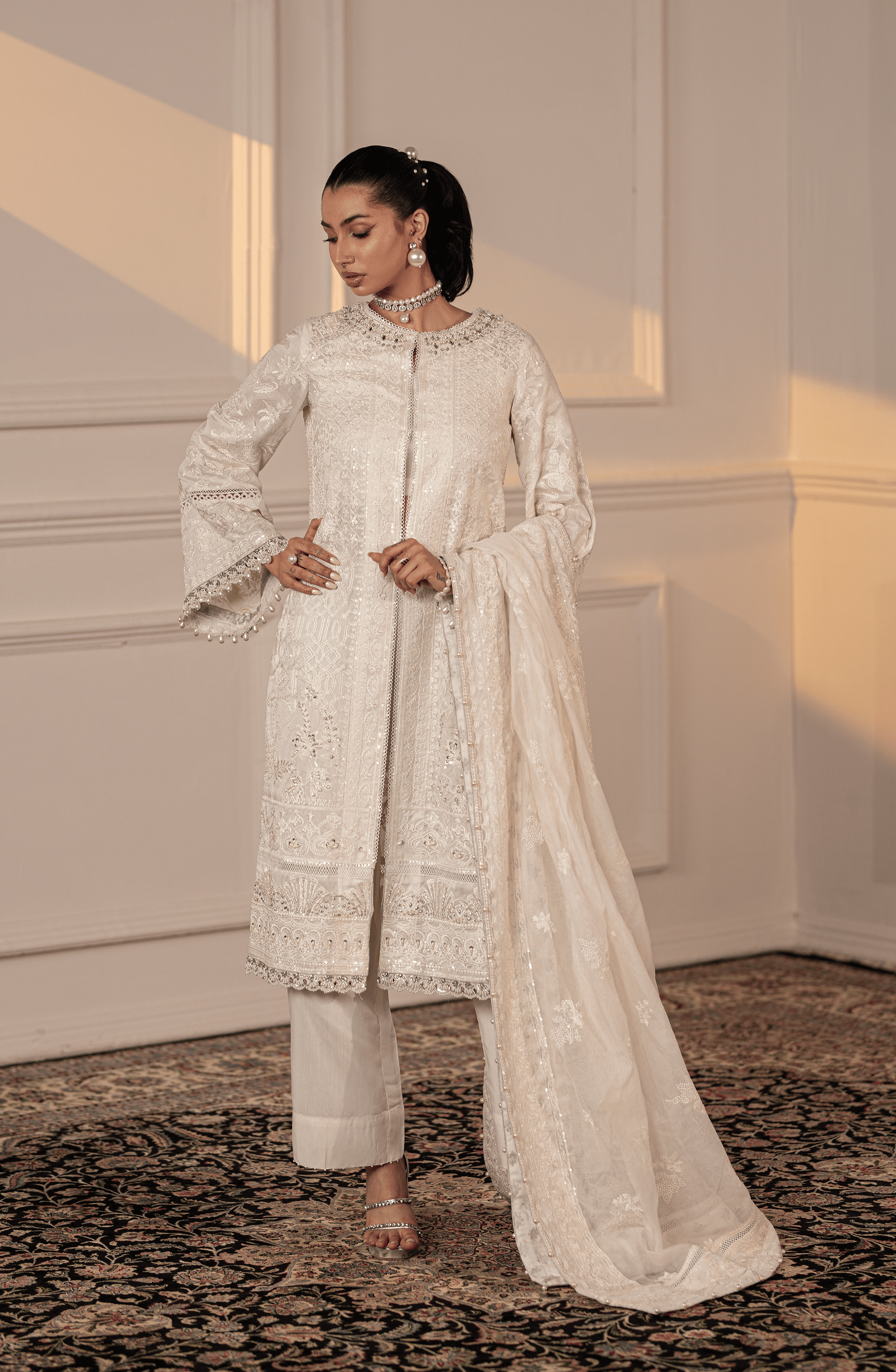 White Silver Adda Work Cotton Net Jacket (3-Piece) - Image 3