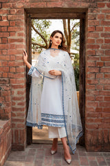 Pakistani White Embroidered Cotton Net Salwar Kameez (3-Piece) - Image 2