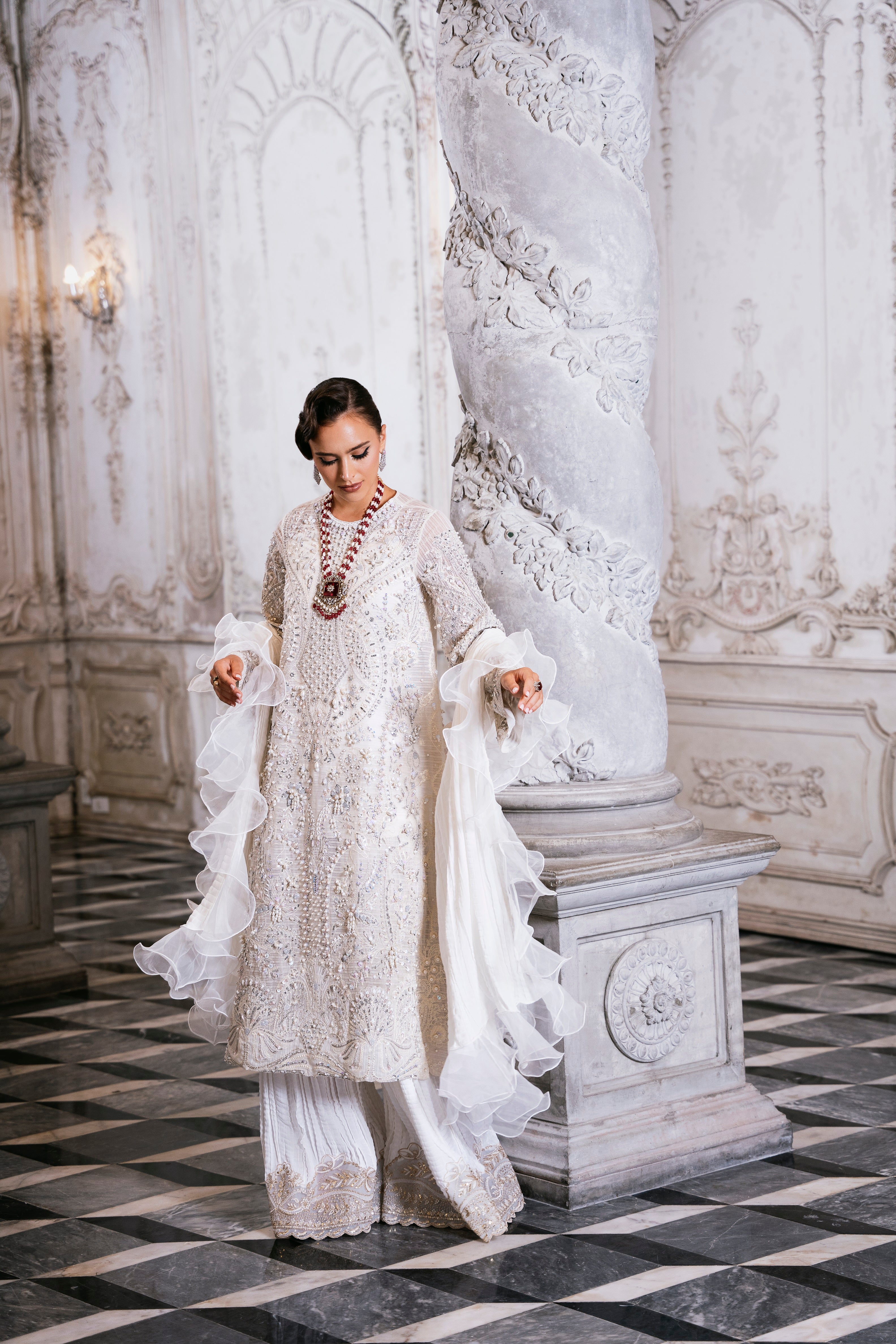 Pakistani Dove White Embellished Cotton Net Salwar Kameez (3-Piece) - Image 1