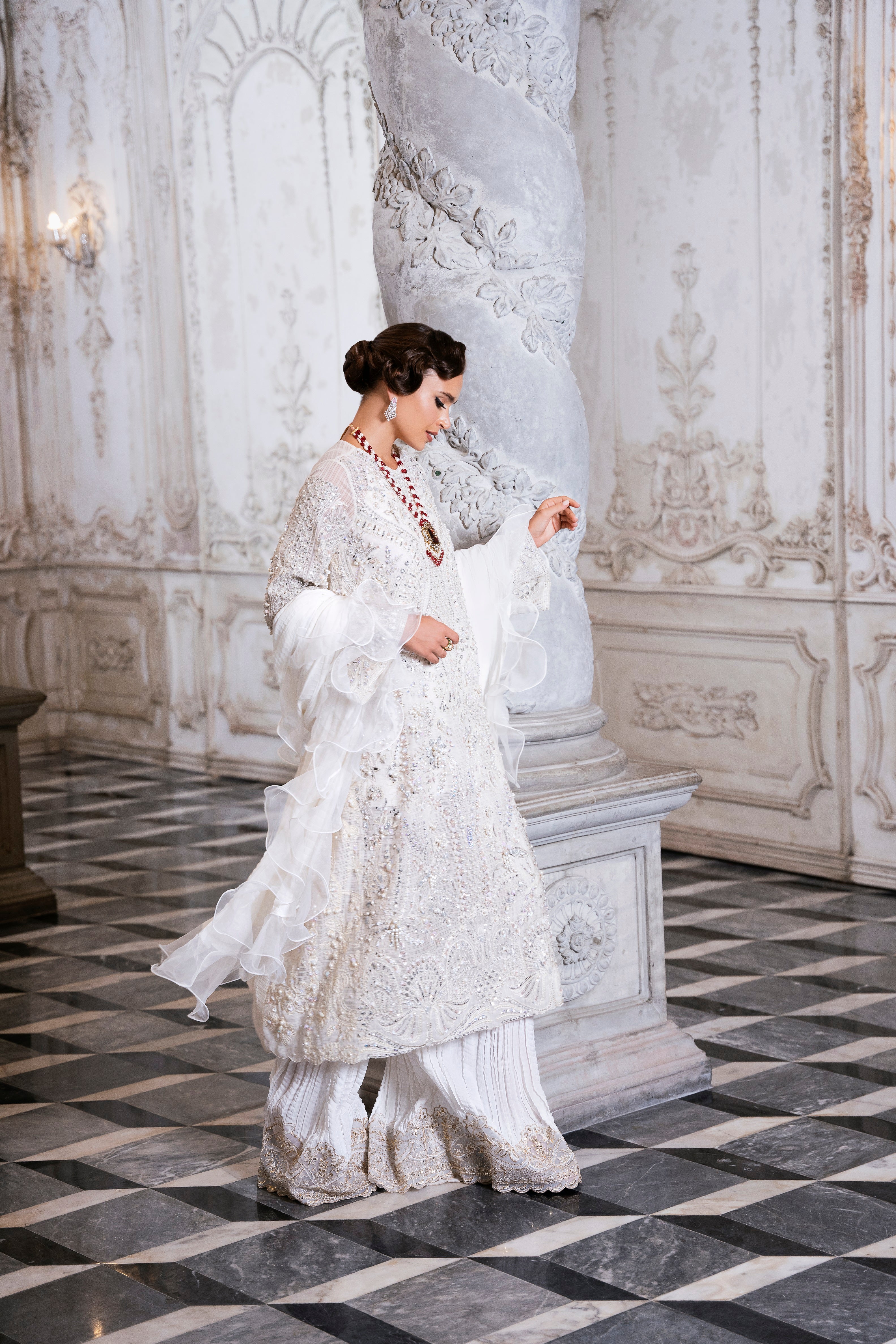 Pakistani Dove White Embellished Cotton Net Salwar Kameez (3-Piece) - Image 2