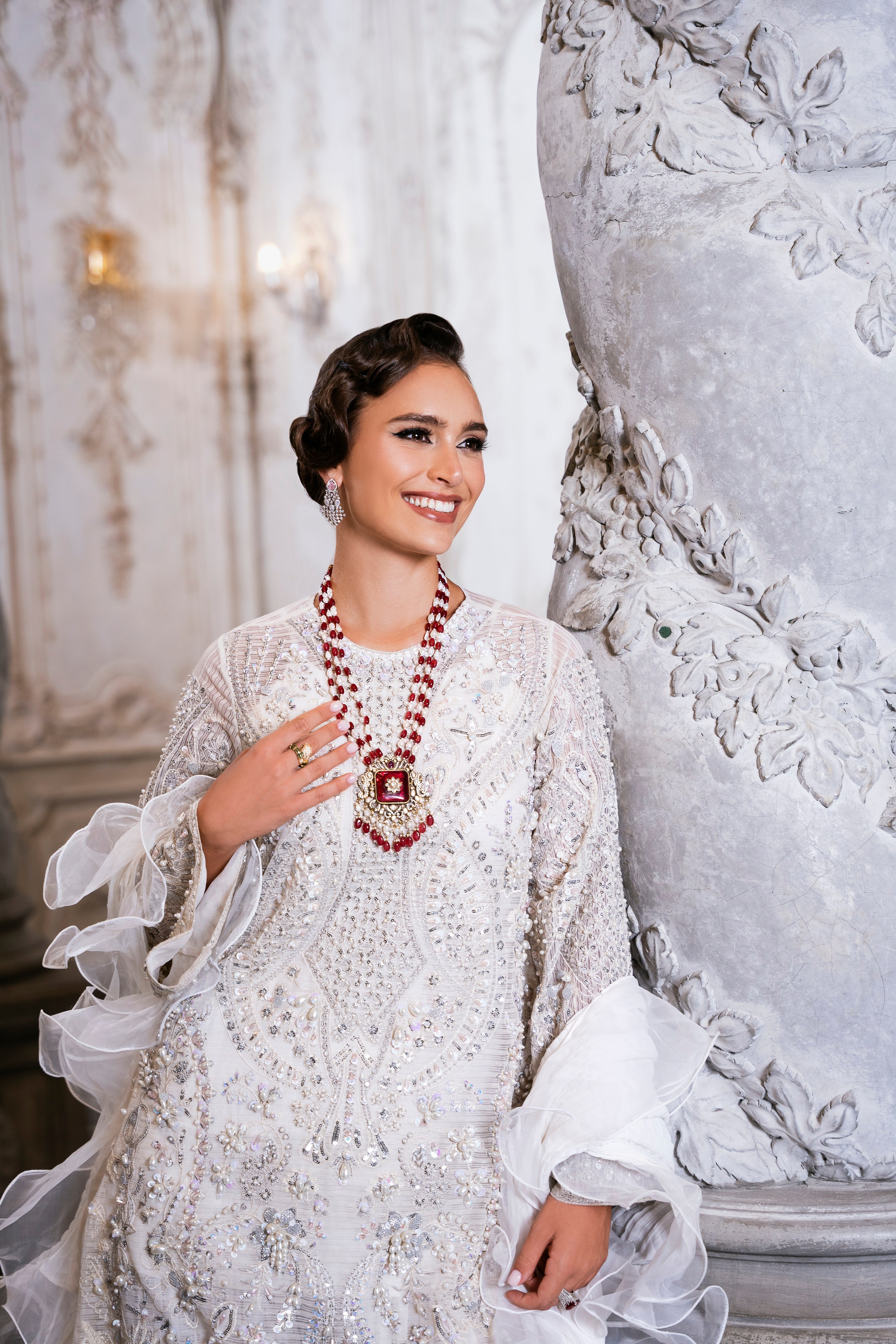 Pakistani Dove White Embellished Cotton Net Salwar Kameez (3-Piece) - Image 3