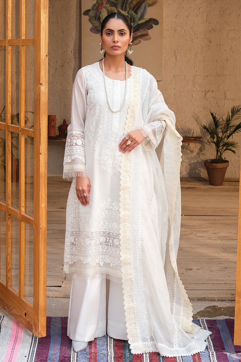 White Embroidered Cotton Net Salwar Kameez (3-Piece) - Image 1