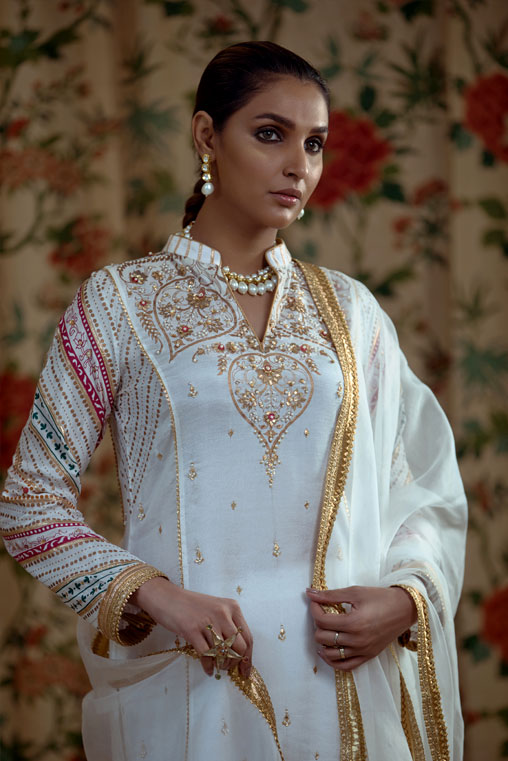 White Hand-Embellished Cotton Silk Salwar Kameez (3-Piece) - Image 2