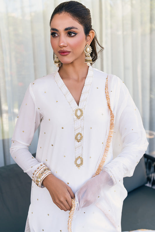 White Gota & Mirror Work Crepe Silk Salwar Kameez (3-Piece) - Image 1