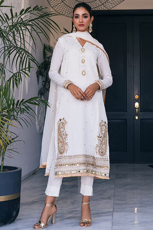 White Gota & Mirror Work Crepe Silk Salwar Kameez (3-Piece) - Image 2